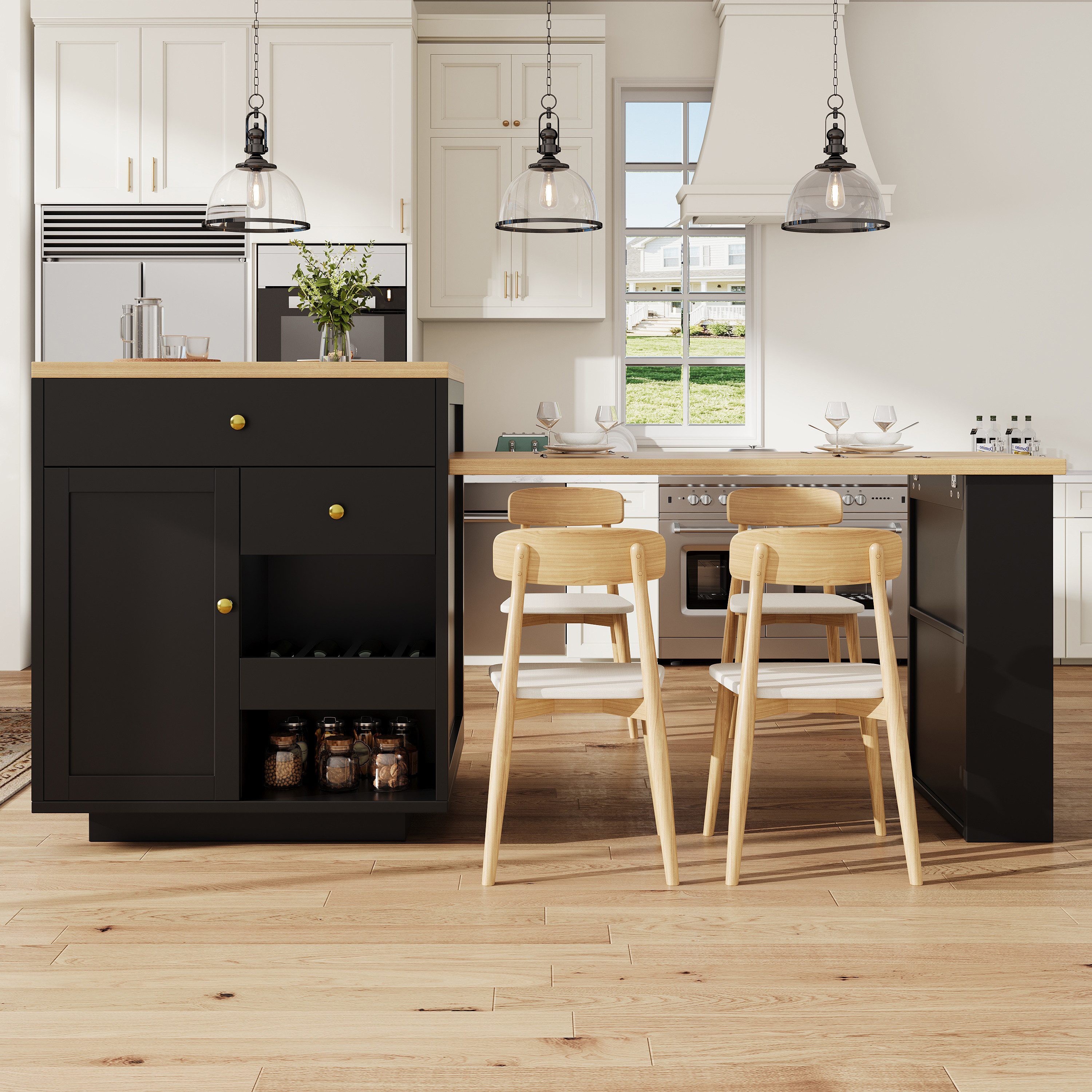 Flieks Kücheninsel mit ausziehbarer Esstisch, 3 Schubladen und 1 Türablagen, (122,5-195,5cm Länge verstellbar), Multifunktionaler Küchenschrank mit erweiterbarer Tisch Schwarz