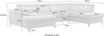 sit&more Wohnlandschaft Cabrio U-Form, Sitztiefenverstellung und Federkern, jeweils inklusive 3 Nierenkissen