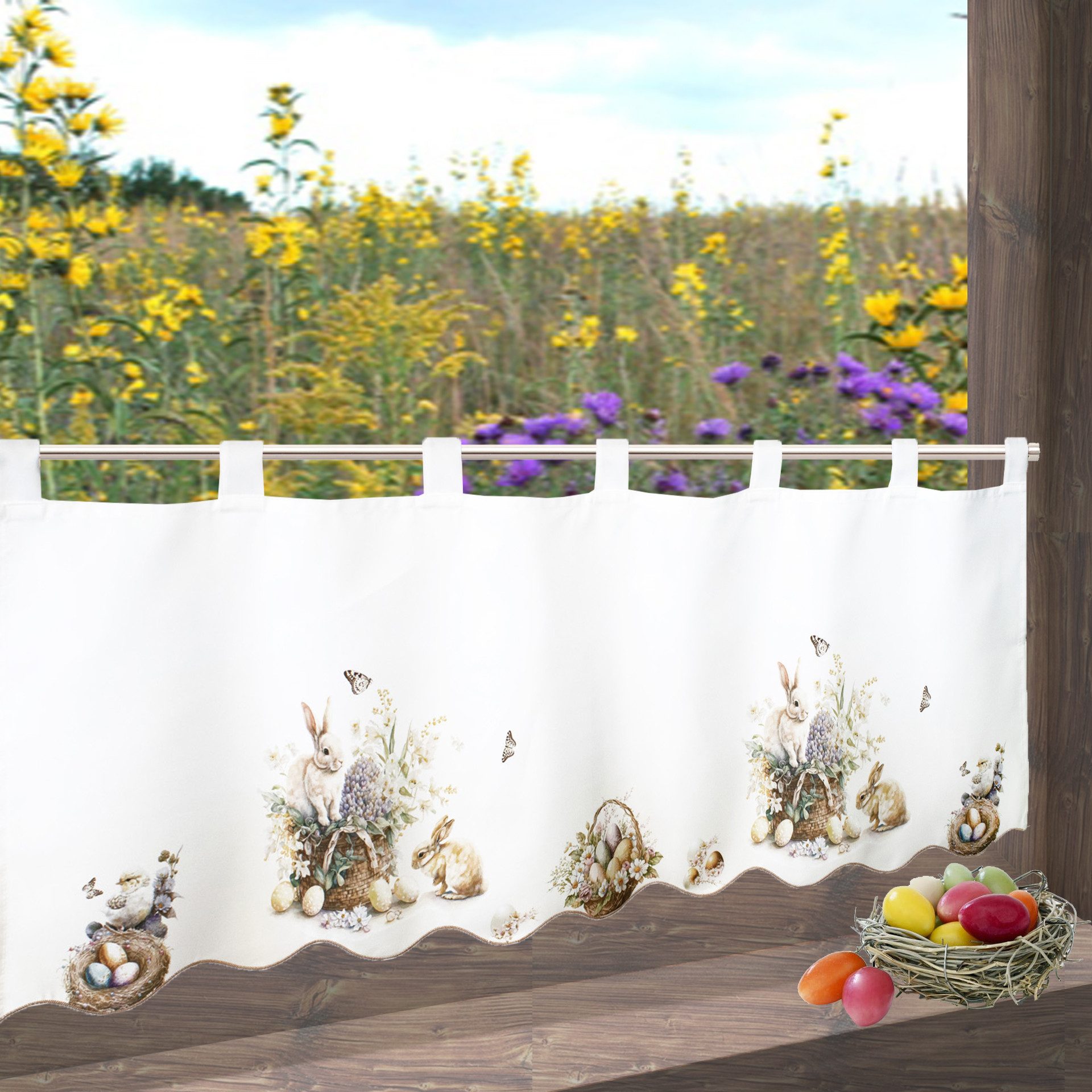 Delindo Lifestyle Scheibengardine Bistrogardine mit schlaufen, Ostern, 45x115 cm (1 St), Schlaufen, halbtransparent, Osterdesign