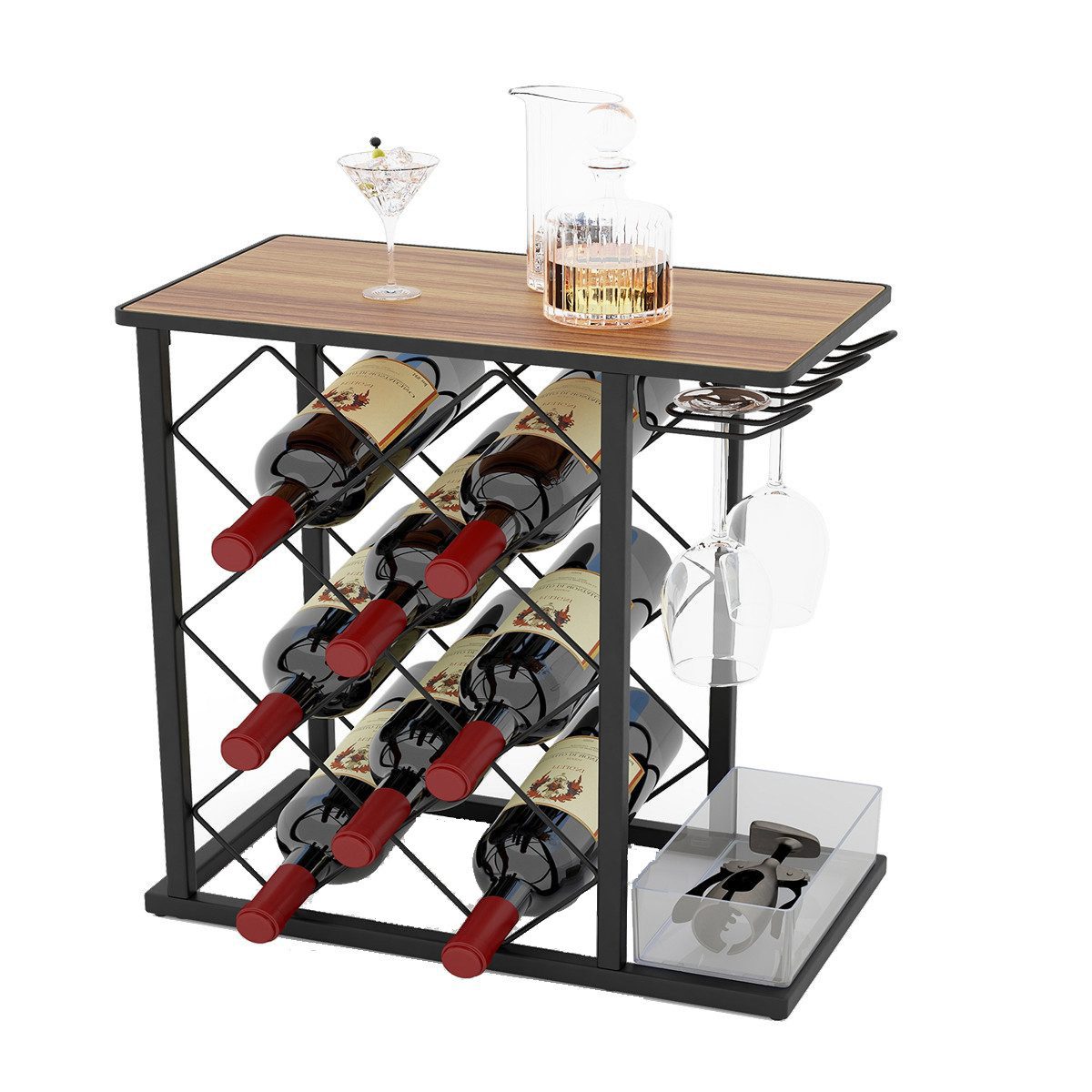 COSTWAY Weinregal, für 8 Flaschen, stehend, mit Glashalter & Korb