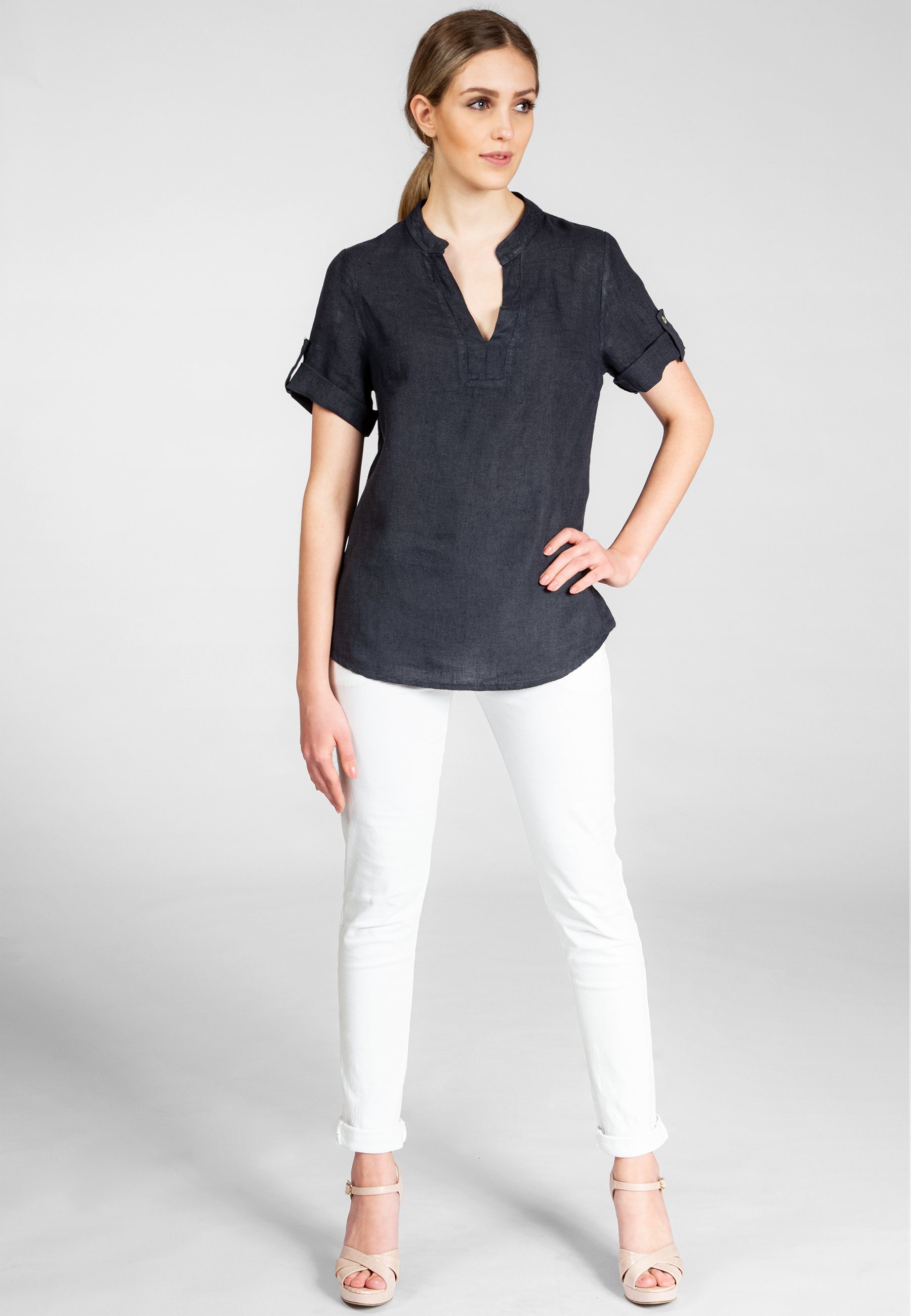 Caspar Shirtbluse BLU024 elegante Damen Halbarm Sommer Leinenbluse mit stylischem V-Ausschnitt - Made in Italy
