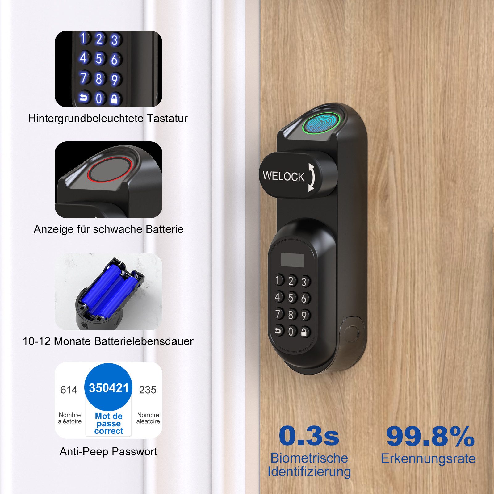 WE.LOCK Schließzylinder WELOCK Elektronisches Türschloss U81 für 50-95 mm Türen, (Packung, Türschloss x1, RFID-Karte x3, Schlüssel x2, Anleitung x1,Zubehörbox x1), Fingerabdruck, Dauer-/Temp-Passwort, RFID, App, Schlüssel, Fernöffnung