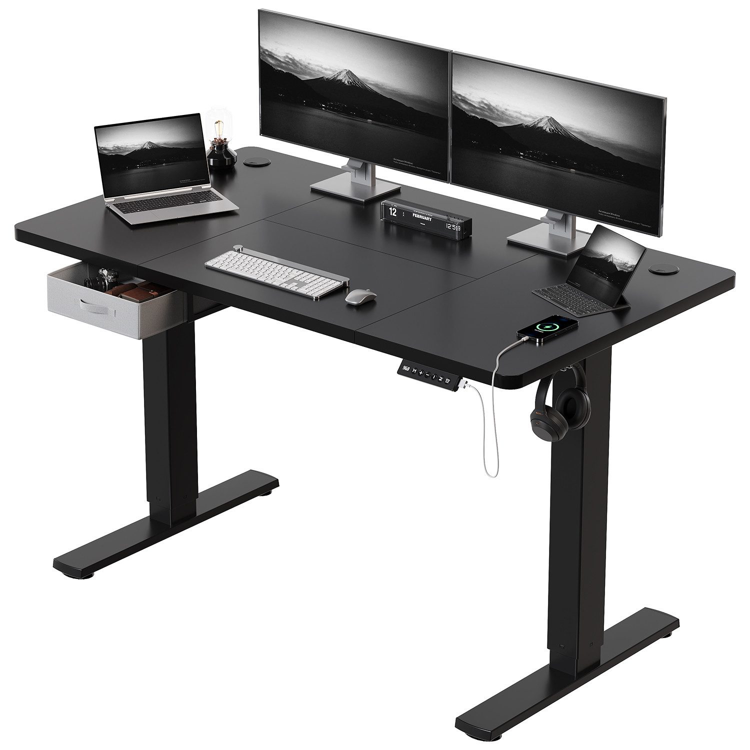 HOMALL Schreibtisch mit Memory-Funktion, höhenverstellbar, breitere Tischplatten (Tischbreite 140/160/180*80 cm, mit Schublade, ausgestattet mit USB-Ladeanschluss, bestehend aus vier Platten)