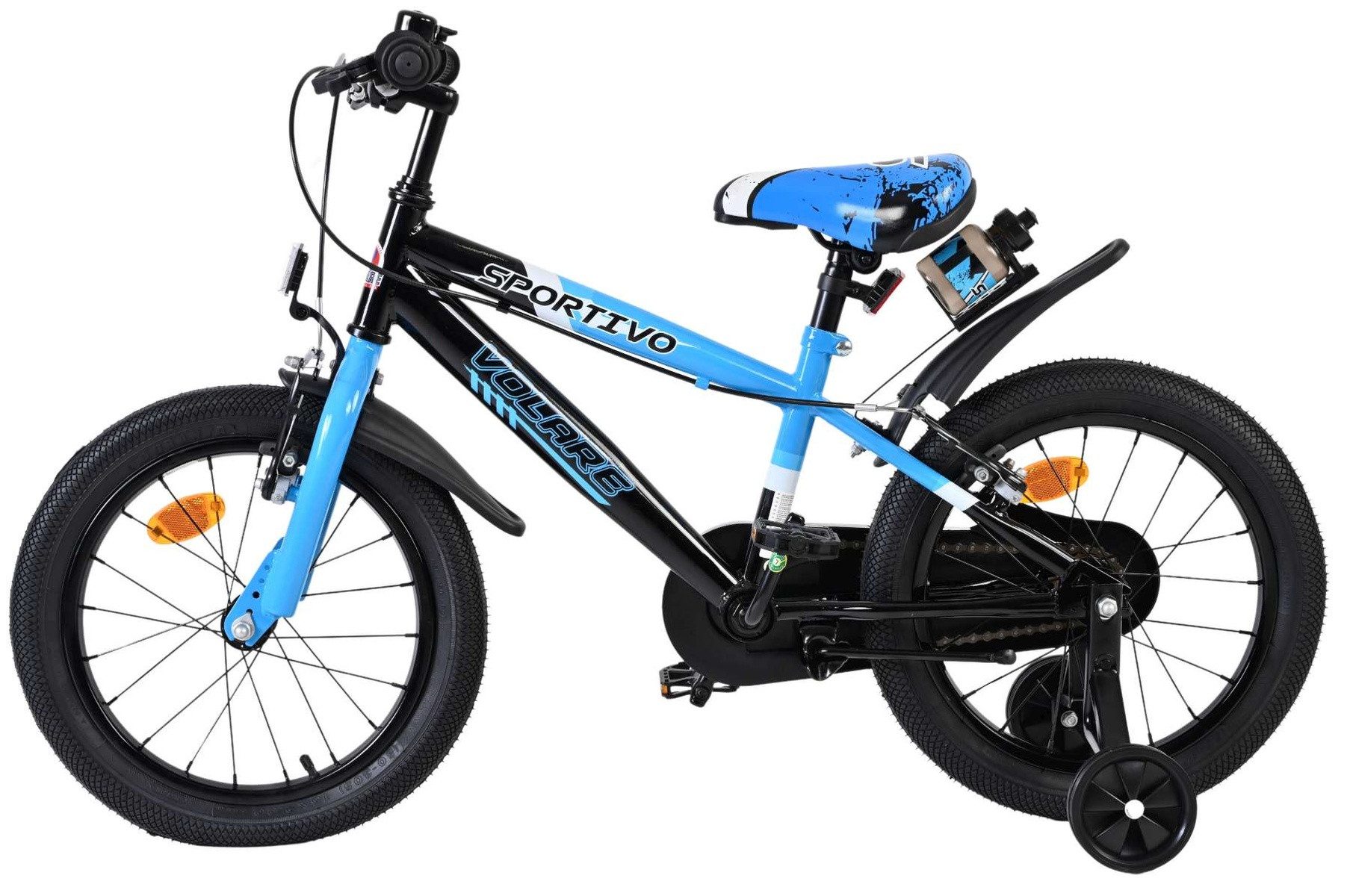 Volare Kinderfahrrad Sportivo Kinderfahrrad - Jungen - 16 Zoll - Blau/Schwarz, Abnehmbare Stützräder, geschlossener Kettenschutz, Luftreifen