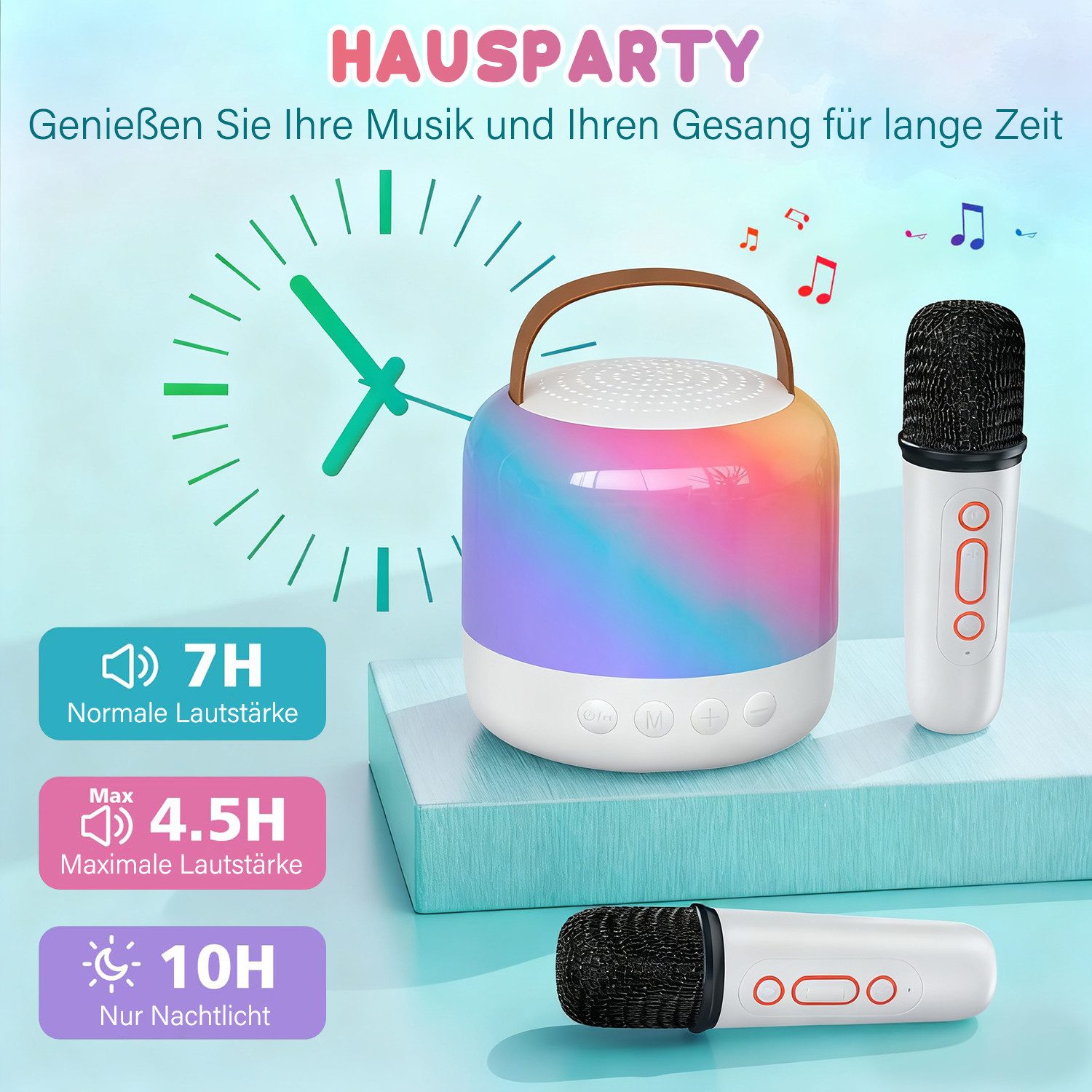 MOPUEA Mini Karaoke Maschine mit 2 Kabellosen Mikrofonen Karaoke-Anlage Bluetooth-Lautsprecher (5 W, mit LED Lichteffekt, USB-Ladung,Geburtstags- und Urlaubsgeschenk)