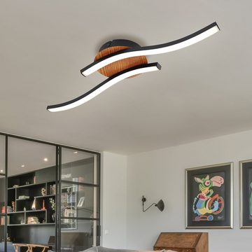 etc-shop LED Deckenleuchte, LED-Leuchtmittel fest verbaut, Warmweiß, LED Deckenleuchte Wohnzimmerlampe 2 flammig Deckenlampe Holzoptik