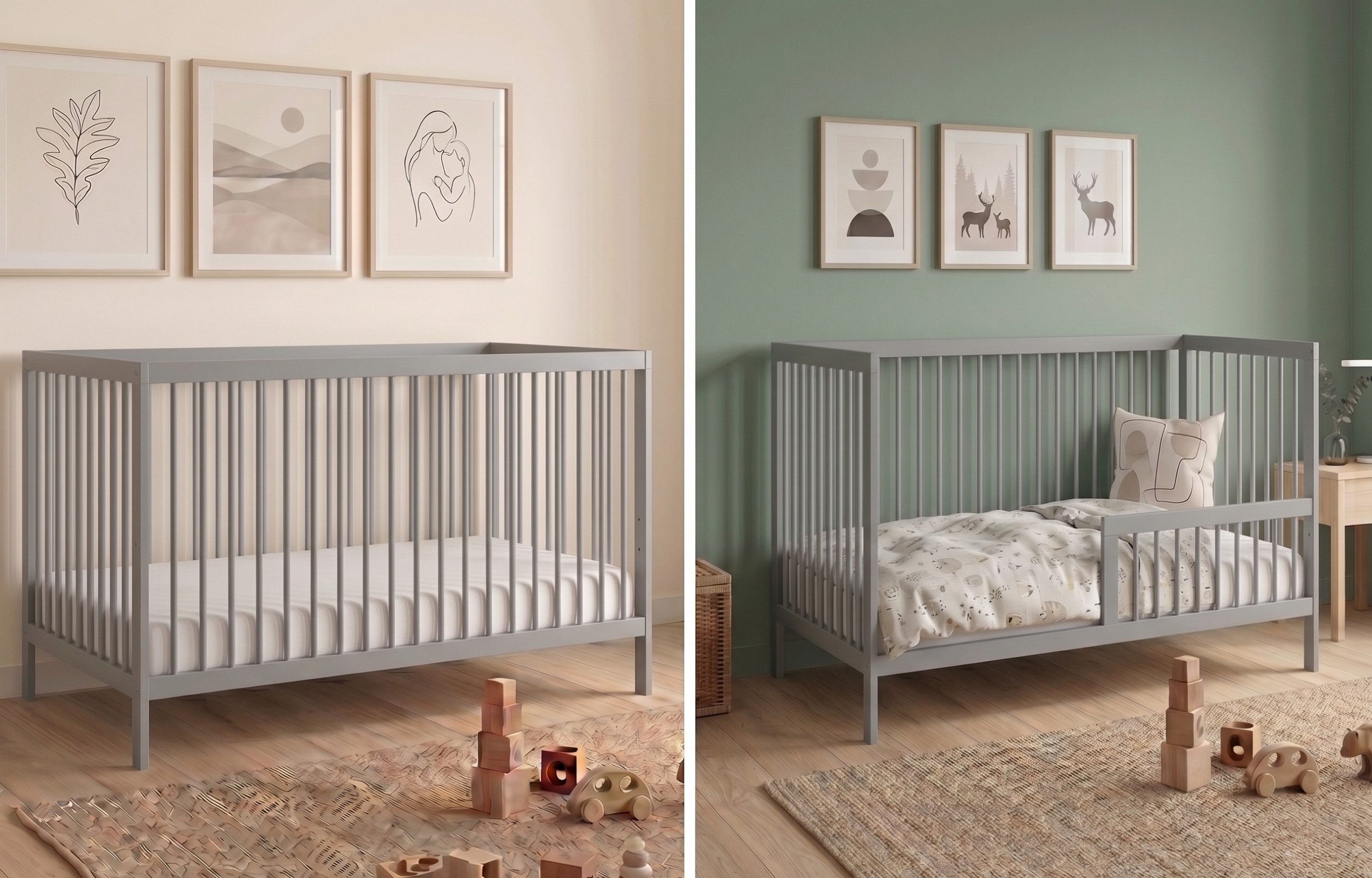 Kids Collective Babybett Kinderbett Gitterbett Baby Bett mit Rausfallschutz 60x120 70x140, stabiles Buchenholz, made in Europe 60x120 cm Grau