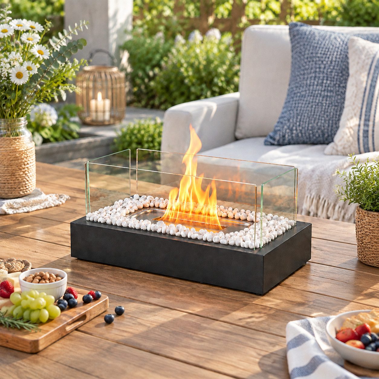 ZMH Tischfeuer Ethanol Tischkamin,outdoor, 1/2er, Echtfeuer Dekokamin, Rechteck (1-St), Tisch Kamin Indoor, Zylindrisch Glas & Edelstahl Rechteck Sclhwarz