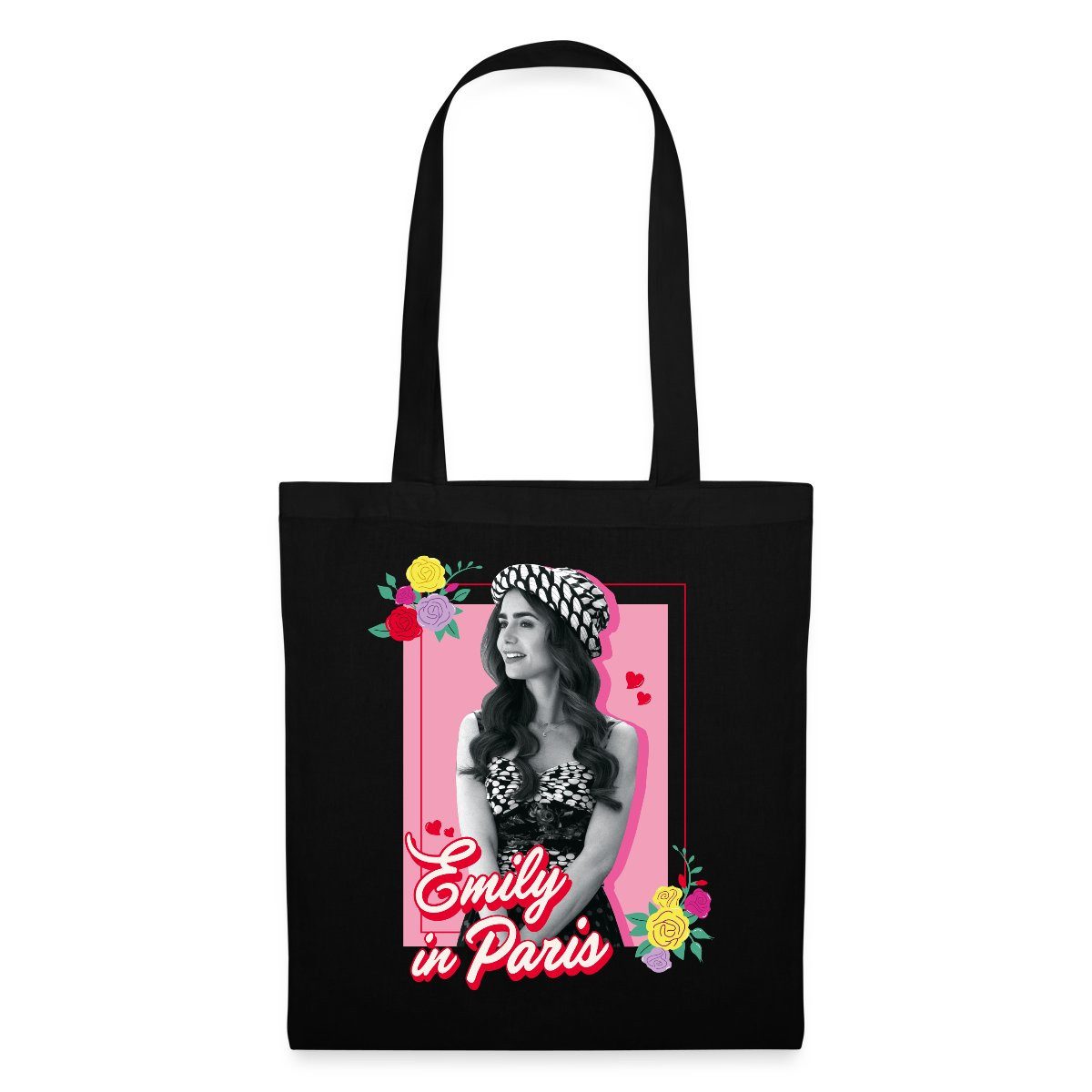 Spreadshirt Henkeltasche Emily In Paris Emily Schwarz-Weiß Bild Mit Blumen Stoffbeutel (1-tlg)