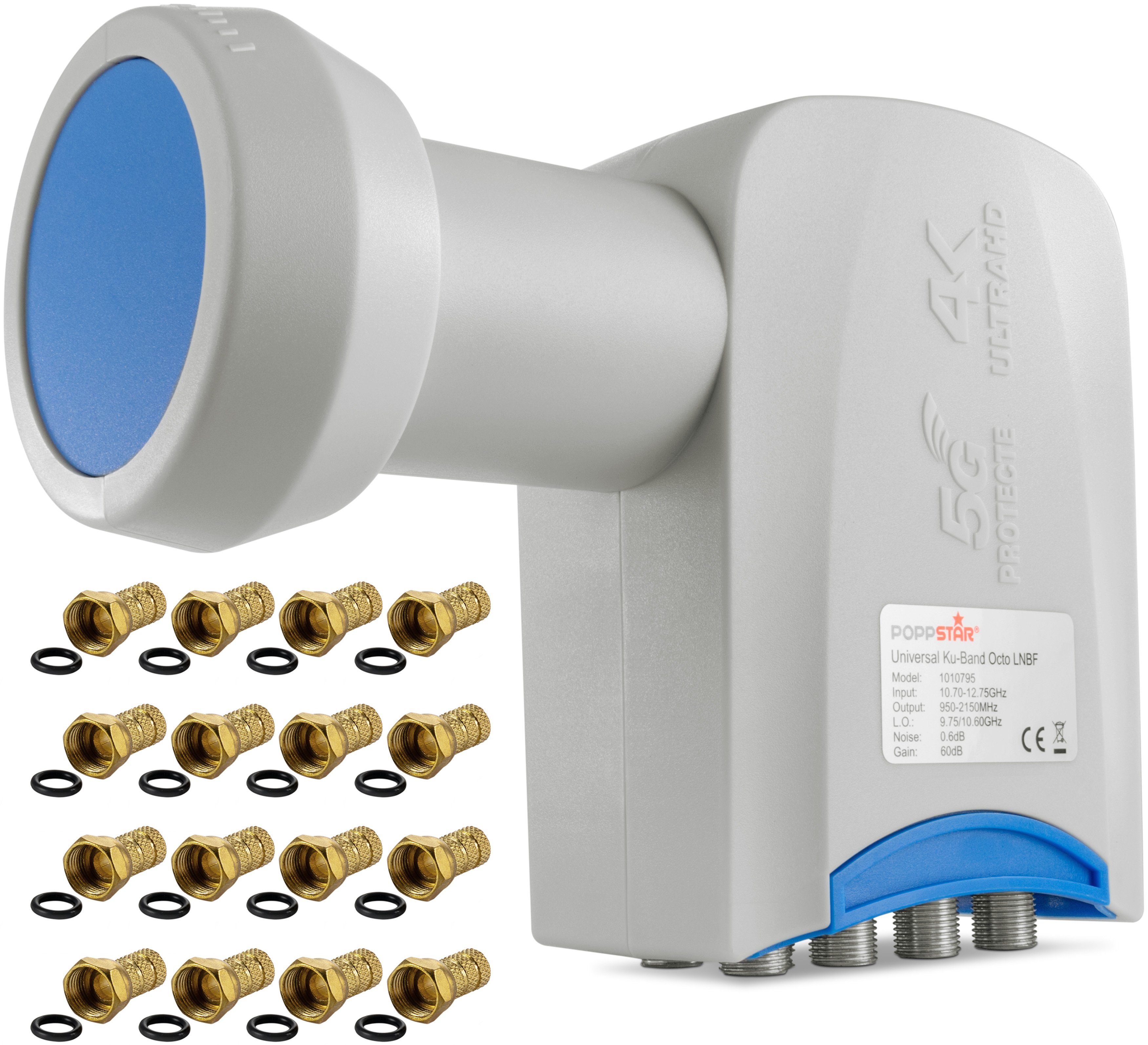 Poppstar 8-fach LNB LNC Set mit 16 F-Steckern (Kontakte vergoldet) Universal-Octo-LNB (für 8 Teilnehmer, - für Kabel Sat Satelliten-Schüssel (digital 4K Full HD 4k UHD 3D TV)