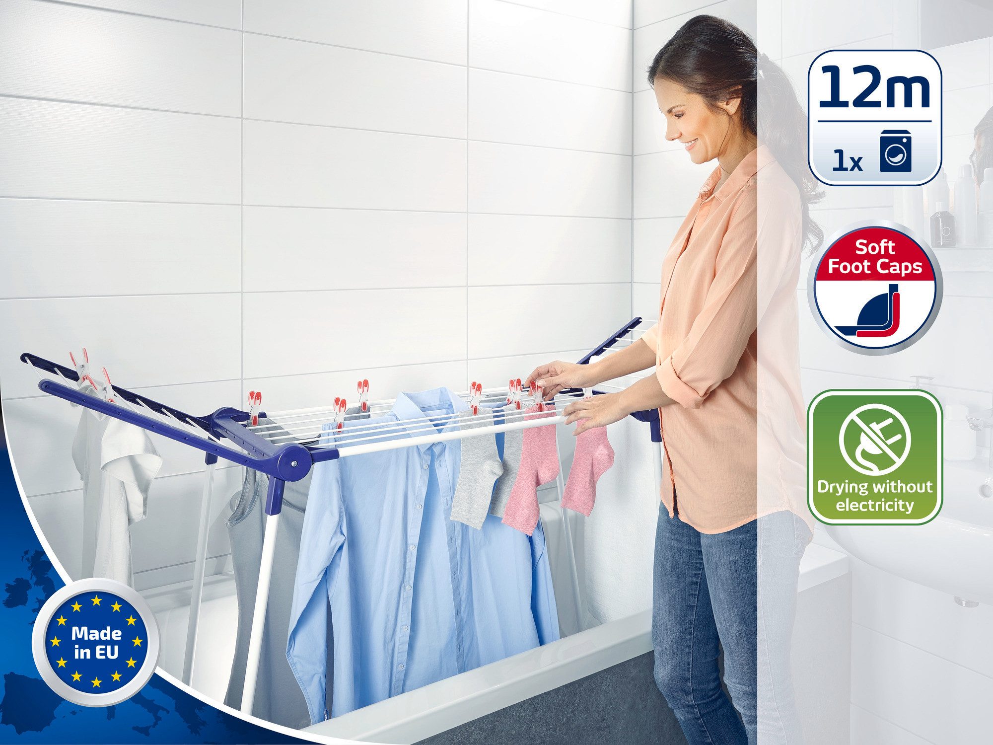 Leifheit Wäscheständer Standtrockner Pegasus 120 Solid Bath, 12m Trockenlänge, 93cm Flügelhöhe, schmal (43cm), passt in Badewannen