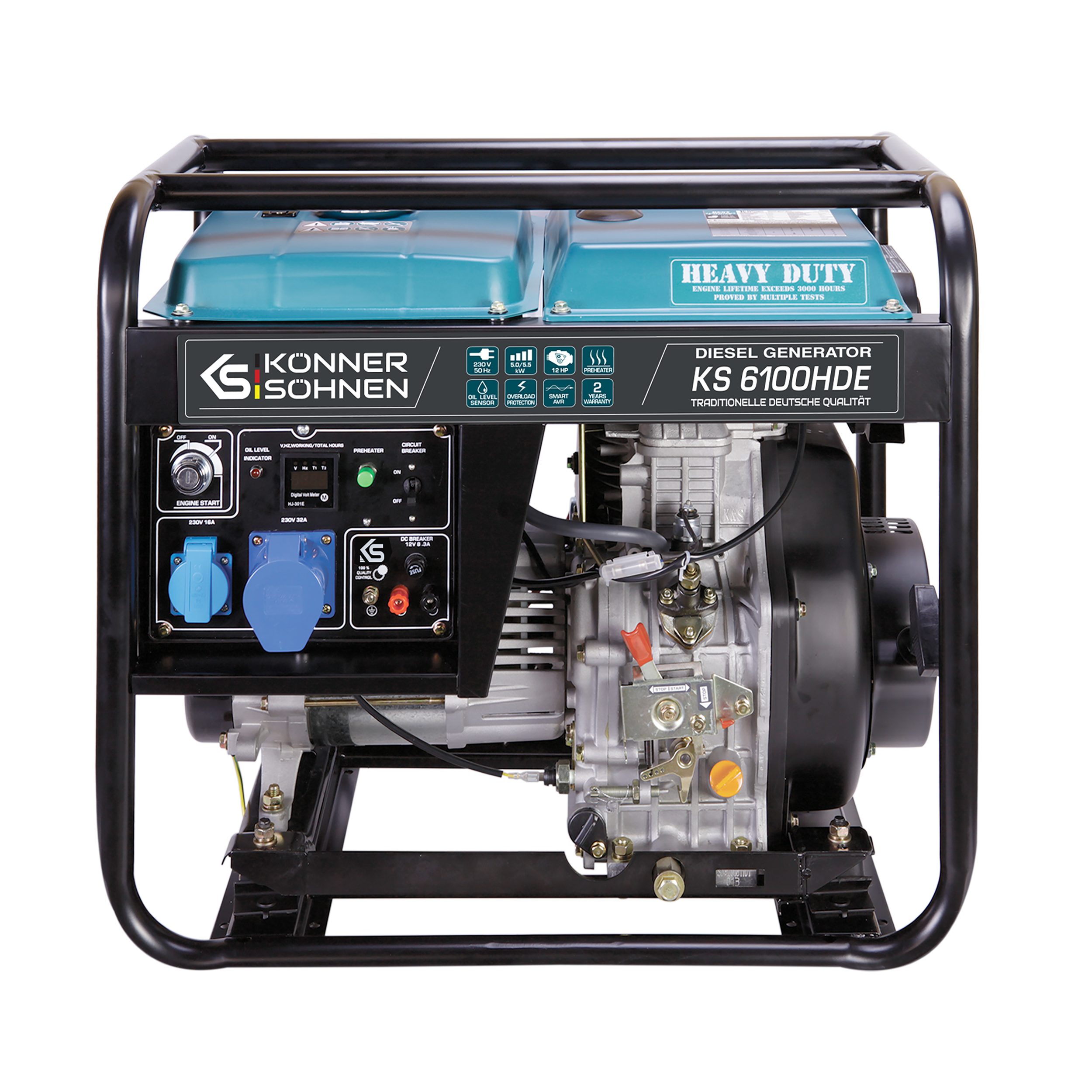 Könner & Söhnen Stromerzeuger KS 6100HDE, (1-tlg., 5.5 kW Höchstleistung, 12.0 PS KS 440HD-V & 11L Tank), E-Start, Vorwärmer, EURO V, 32mm Rahmen, AVR