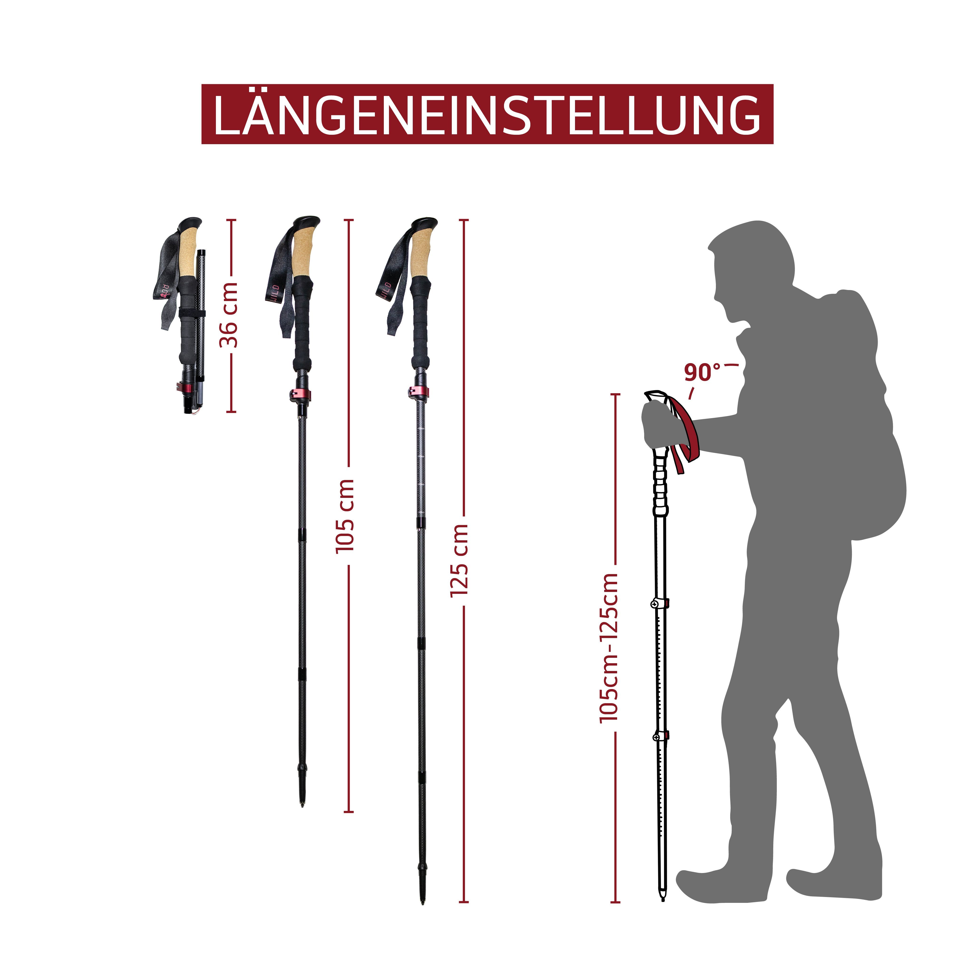Rothwild Wanderstöcke Platzhirsch, faltbare Carbon-Trekkingstöcke mit Kork-Griff, verschiedene Größen, umfangreiches Zubehör