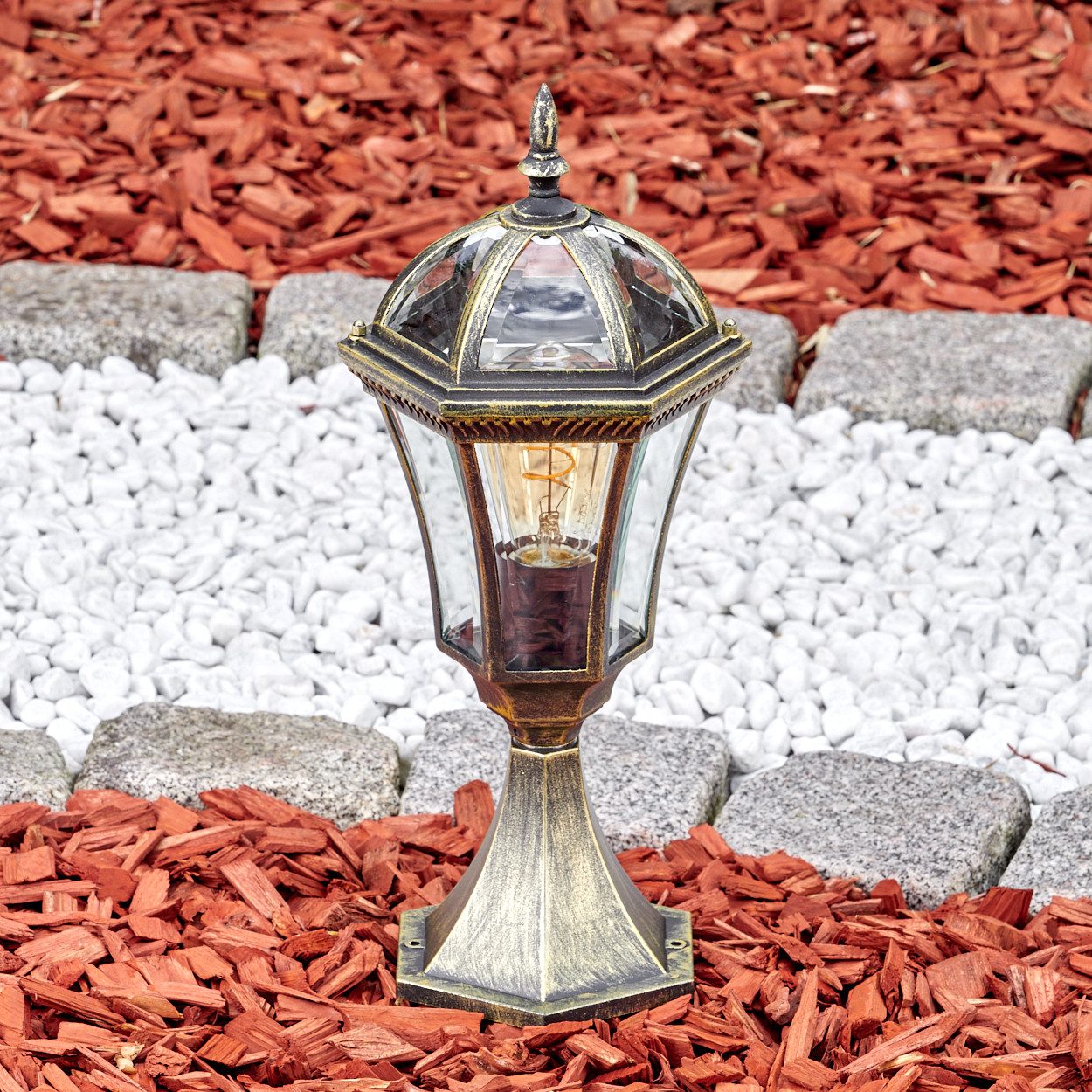 hofstein Pollerleuchte Sockellampe aus Metall/Glas in Schwarz/Goldfarben/Klar, ohne Leuchtmittel, Wegeleuchte im Antik/Landhaus/Vintage-Design, Höhe 45 cm, E27, IP44