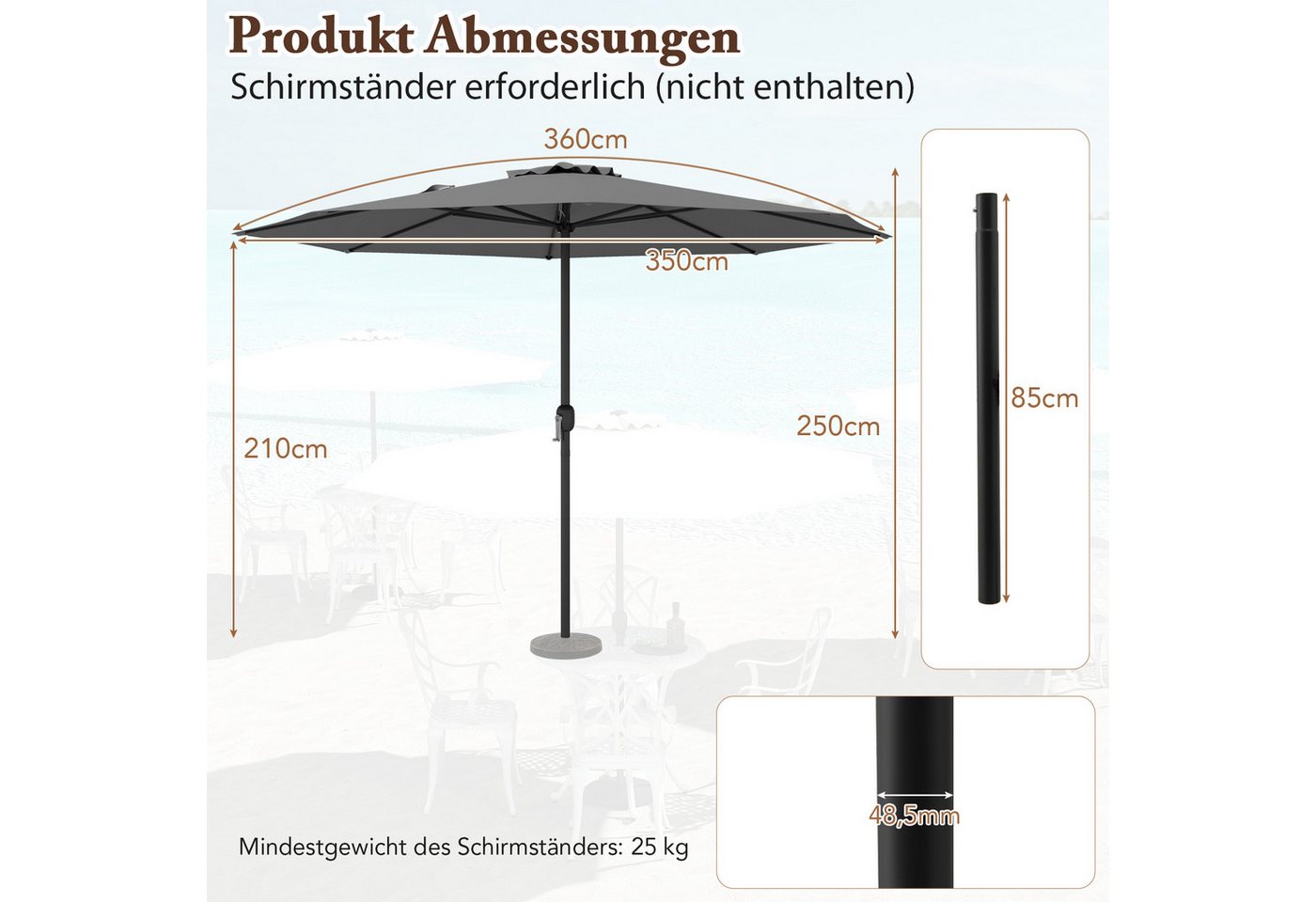 Thumbnail - KOMFOTTEU Sonnenschirm, Marktschirm Gartenschirm mit Kurbelgriff, 8 Rippen