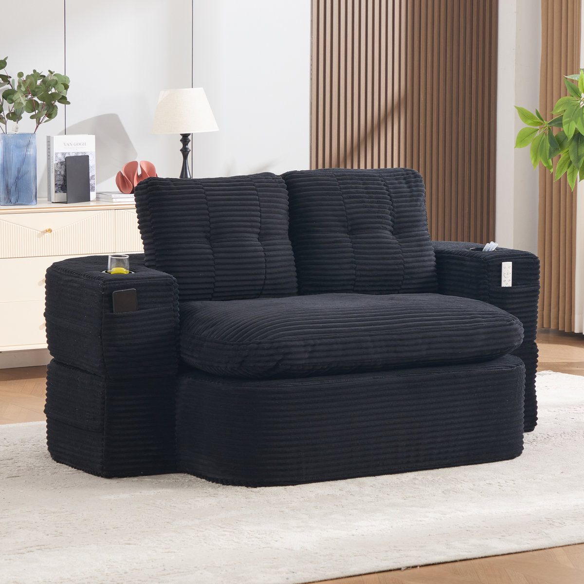 Odikalo Sessel 2-in-1 Schlafsessel mit bettfunktion ausziehbar (Cord, Schlafsofa mit Liegefunktion, Komprimiertes Bodensofa mit Verstellbaren Armlehnen, 2 Getränkehaltern, Hoher Rückenlehne und Extra Tiefer Sitzfläche)