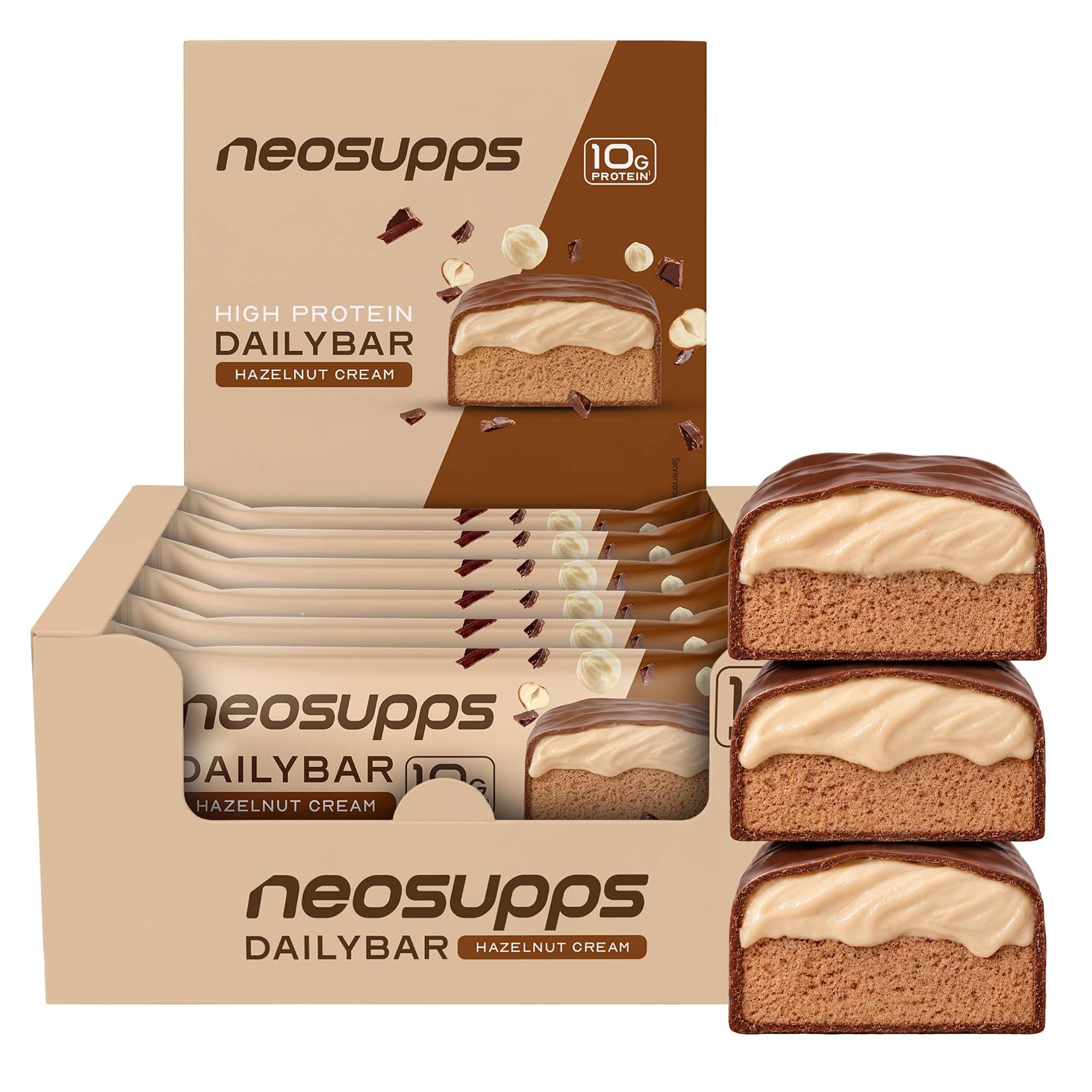 Neosupps Protein Riegel Hazelnut Cream, mit 10g Protein und nur 180 kcal Riegel, 720 g, cremiger Haselnussriegel, Protein Snack, Proteinriegel 18x40 g