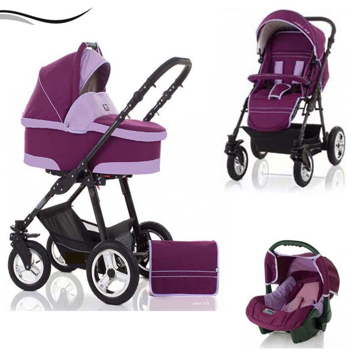 babies-on-wheels Kombi-Kinderwagen City Star 3 in 1 inkl. Autositz - 16 Teile - von Geburt bis 4 Jahre in 16 Farben Bordeaux-Flieder