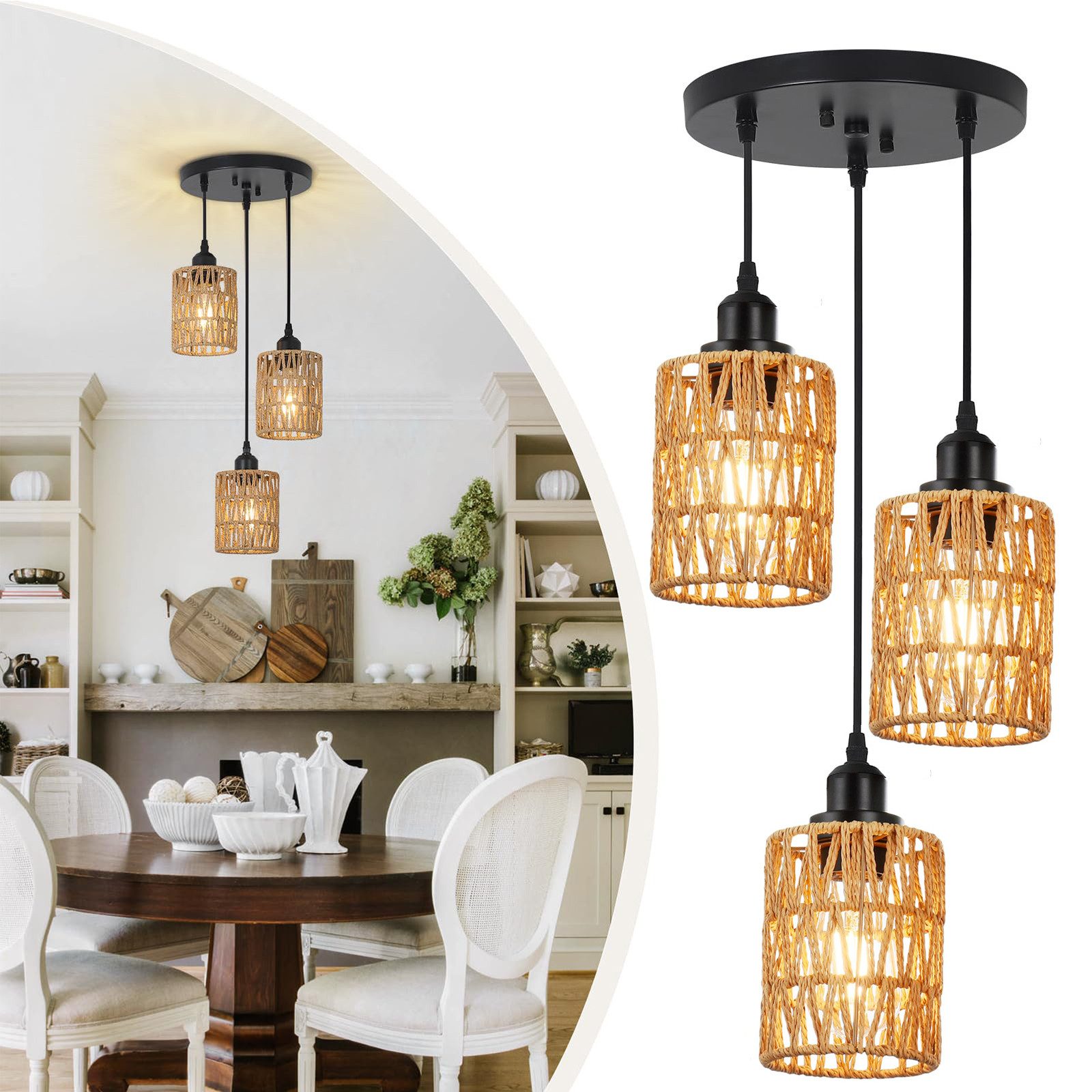 LMaxhome Pendelleuchte Hängeleuchte Rattan,Boho Pendelleuchte 3-flammig günstig online kaufen