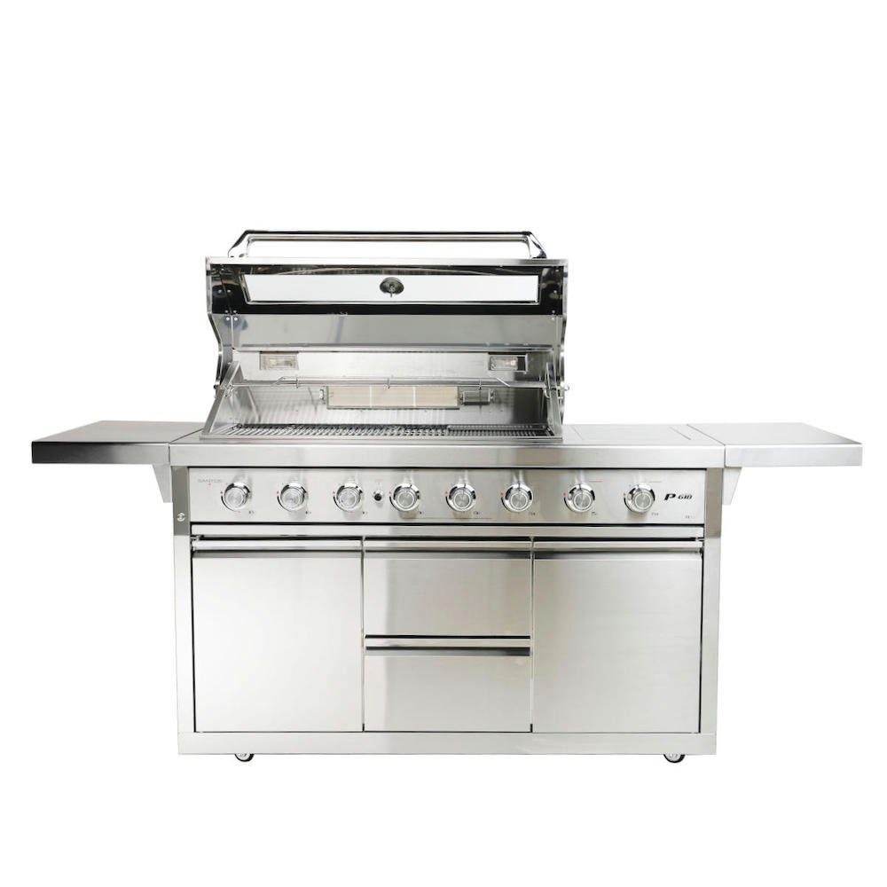 Santos Gasgrill SANTOS P-618 Gasgrill, 6 Hauptbrennern, Heckbrenner, Seitenbrenner, 2 Edelstahlrosten, Grillplatte aus Gusseisen, Seitenbrenner 37x30cm