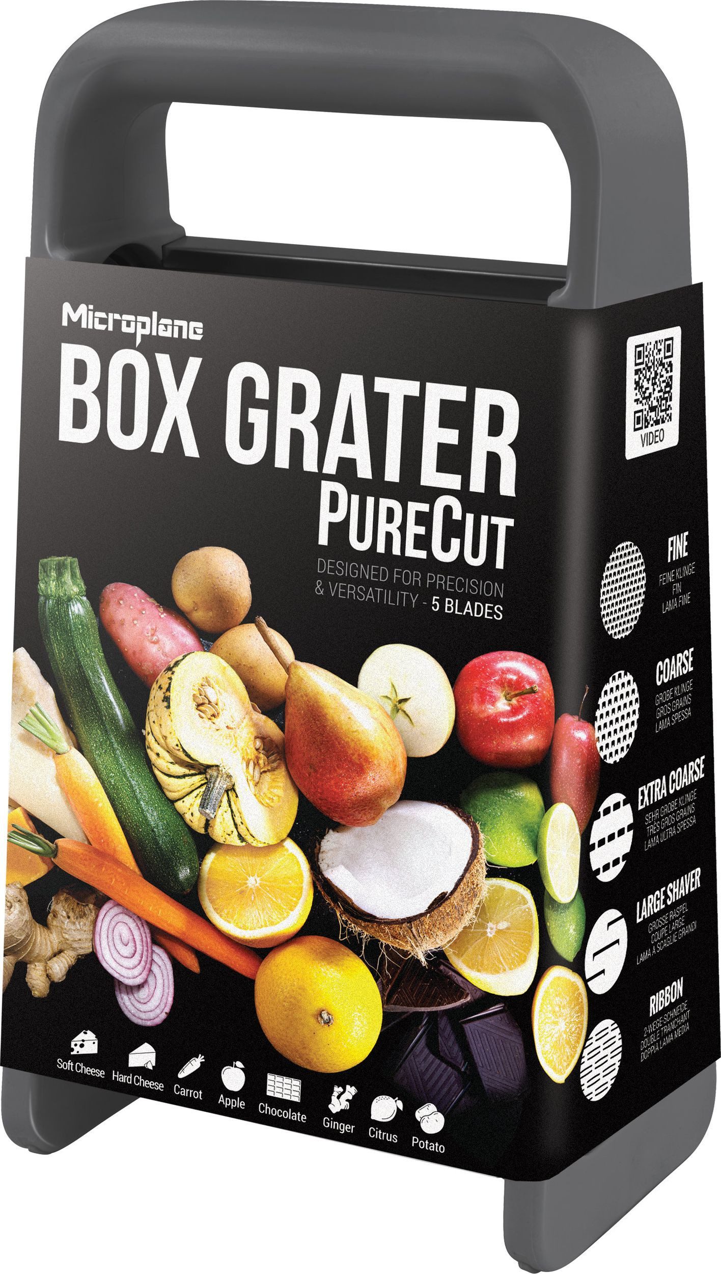 Microplane Küchenreibe Box Grater / Vierkantreibe PureCut – 5-in-1 – After Dark Grey 34942