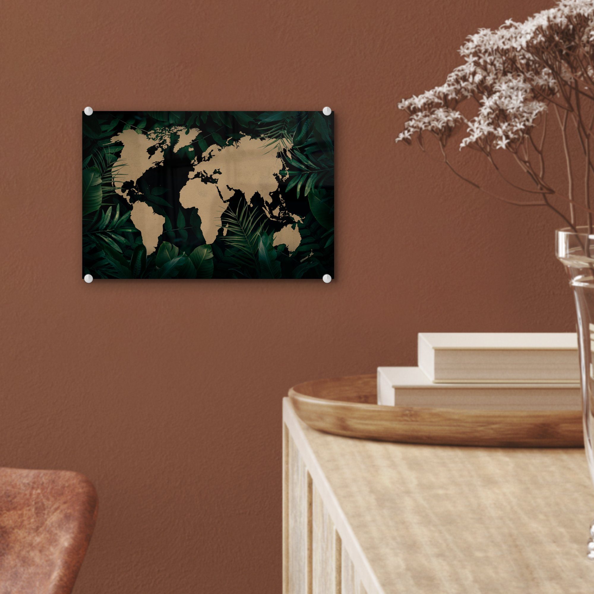 Tropische Foto auf Weltkarte Wandbild (1 - Pflanzen, Glas St), Glas - auf Acrylglasbild - Bilder Glasbilder Pflanzen - Wanddekoration - MuchoWow