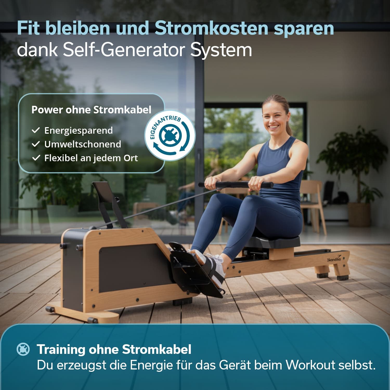Skandika Rudergerät für Zuhause Torin P6-G, Rahmen aus Echtholz, Aufstellfunktion (mit Eigenantrieb, Magnetbremse 32 Stufen, Transportrollen, bis 150 kg), Bluetooth & Kinomap App kompatibel, Schwungmassensystem 6 kg