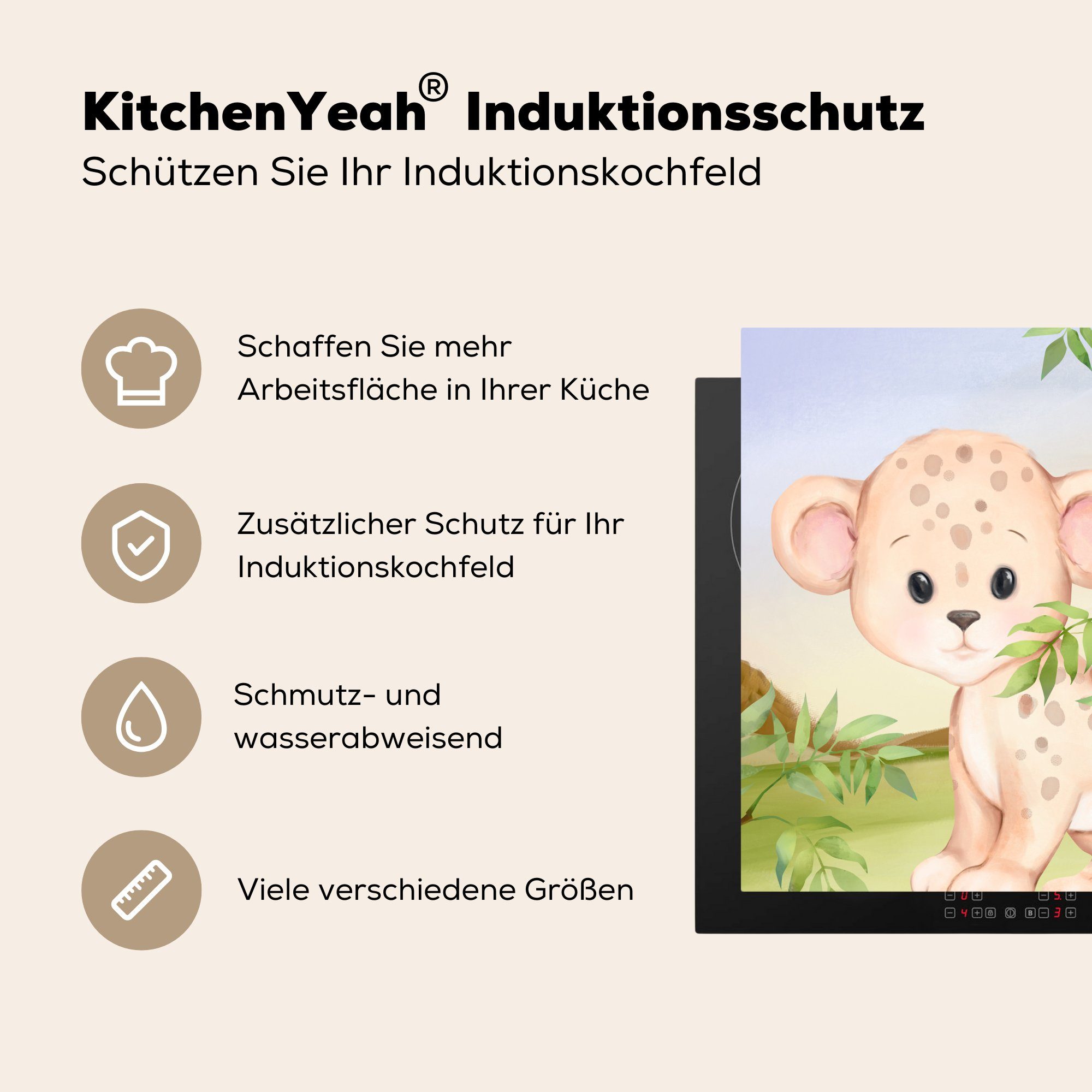 Blätter, cm, (1 Herdblende-/Abdeckplatte Vinyl, MuchoWow - Leopard Arbeitsplatte küche 78x78 - tlg), für Ceranfeldabdeckung, Dschungel