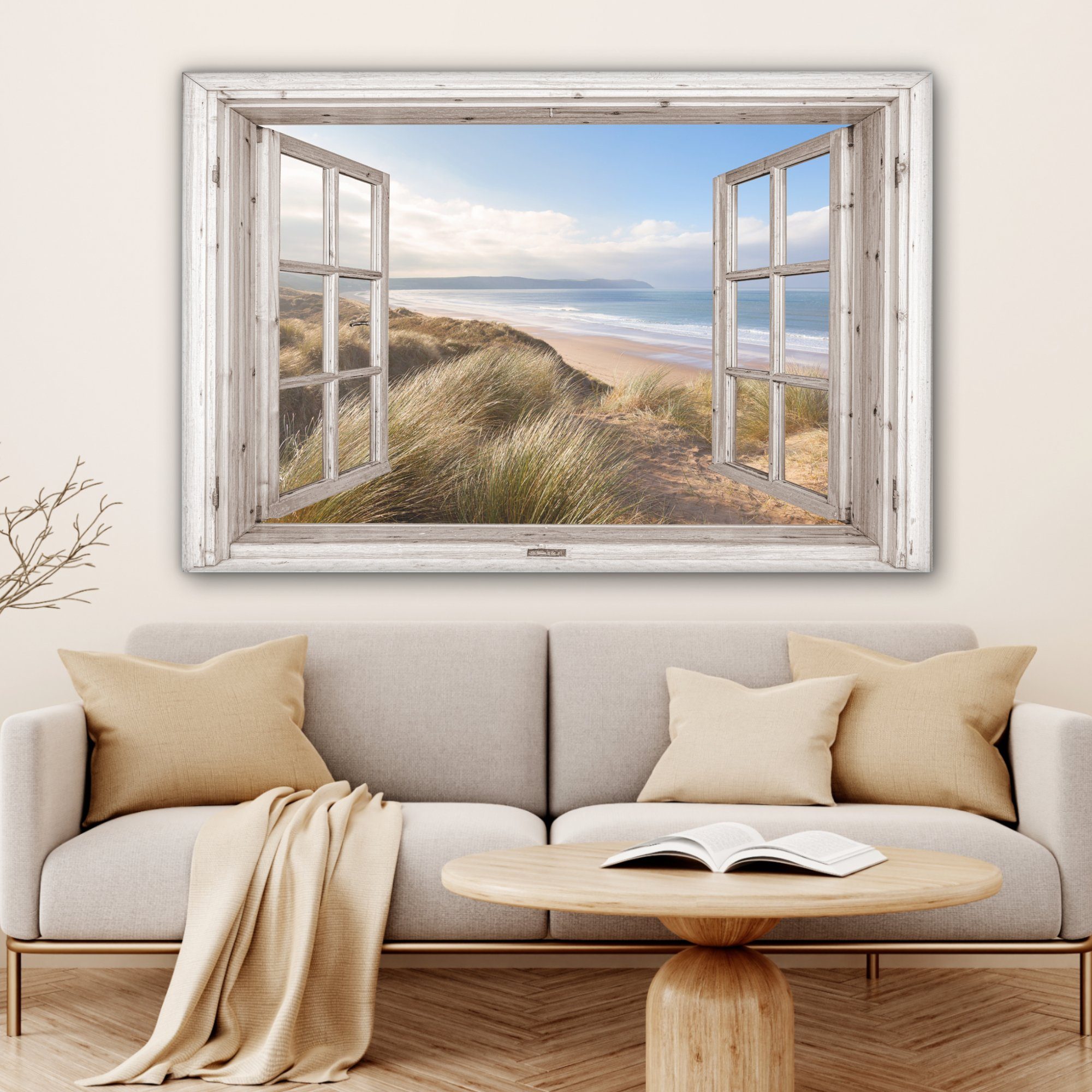 XXL, - Gemälde, - für OneMillionCanvasses® - Dünen Wohnbereiche, Blau, Wandbild - Durchblick großes, - cm St), Strand - (1 Meer 120x80 alle Sand Leinwandbild Strandgras