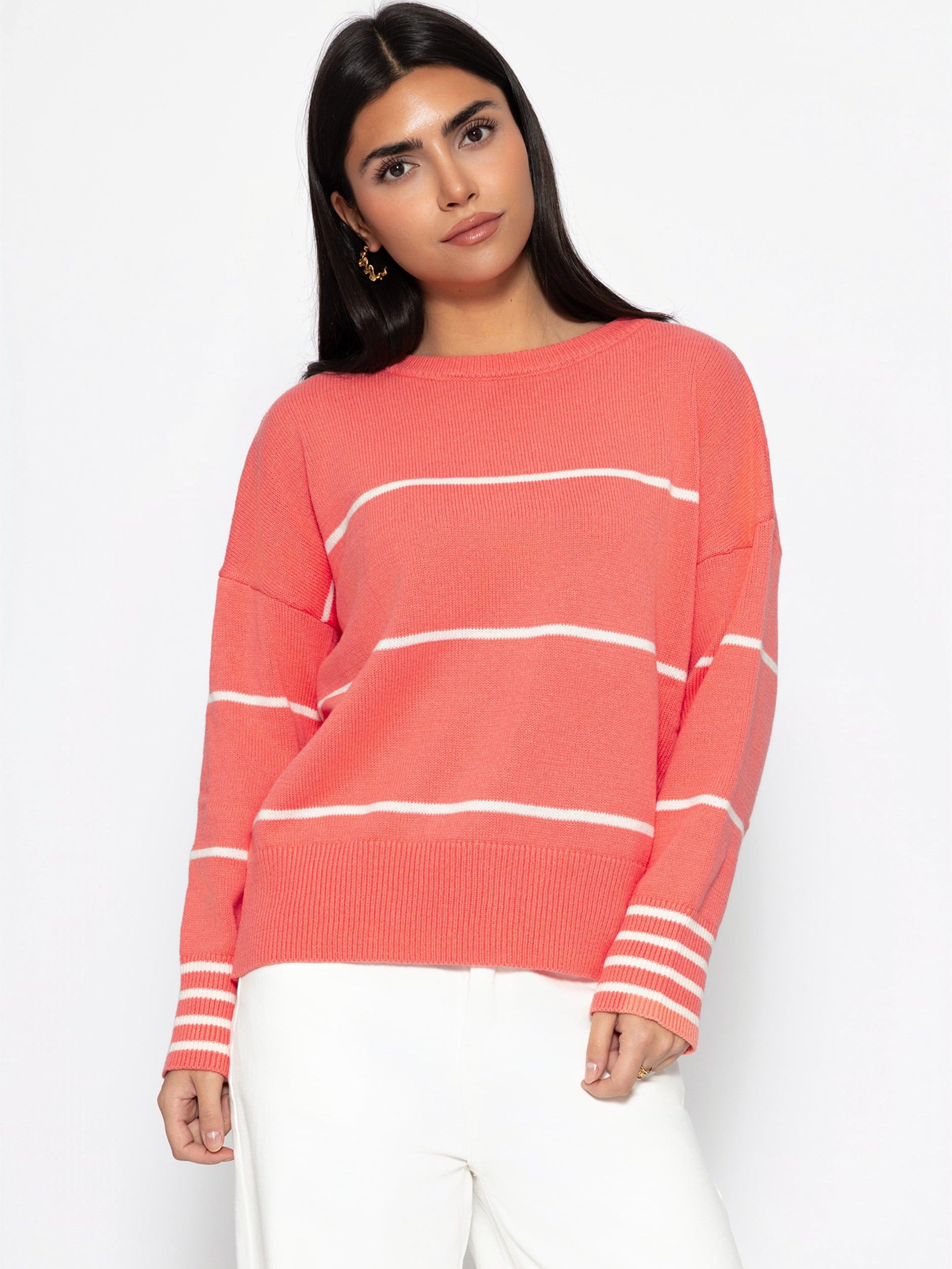 SASSYCLASSY Strickpullover Feinstrickpullover mit Kontraststreifen für Damen Lockerer Pullover mit breiten Rippabschlüssen und Rundhalsausschnitt