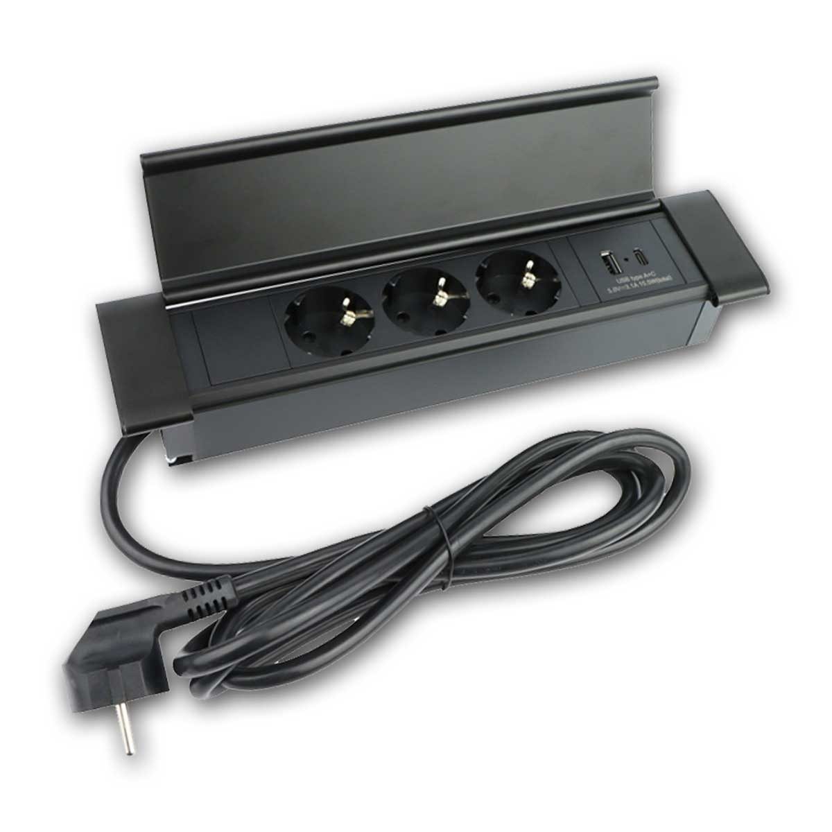world-trading-net Steckdose Tisch-Einbausteckdose 3-fach FLATBOX schwarz USB