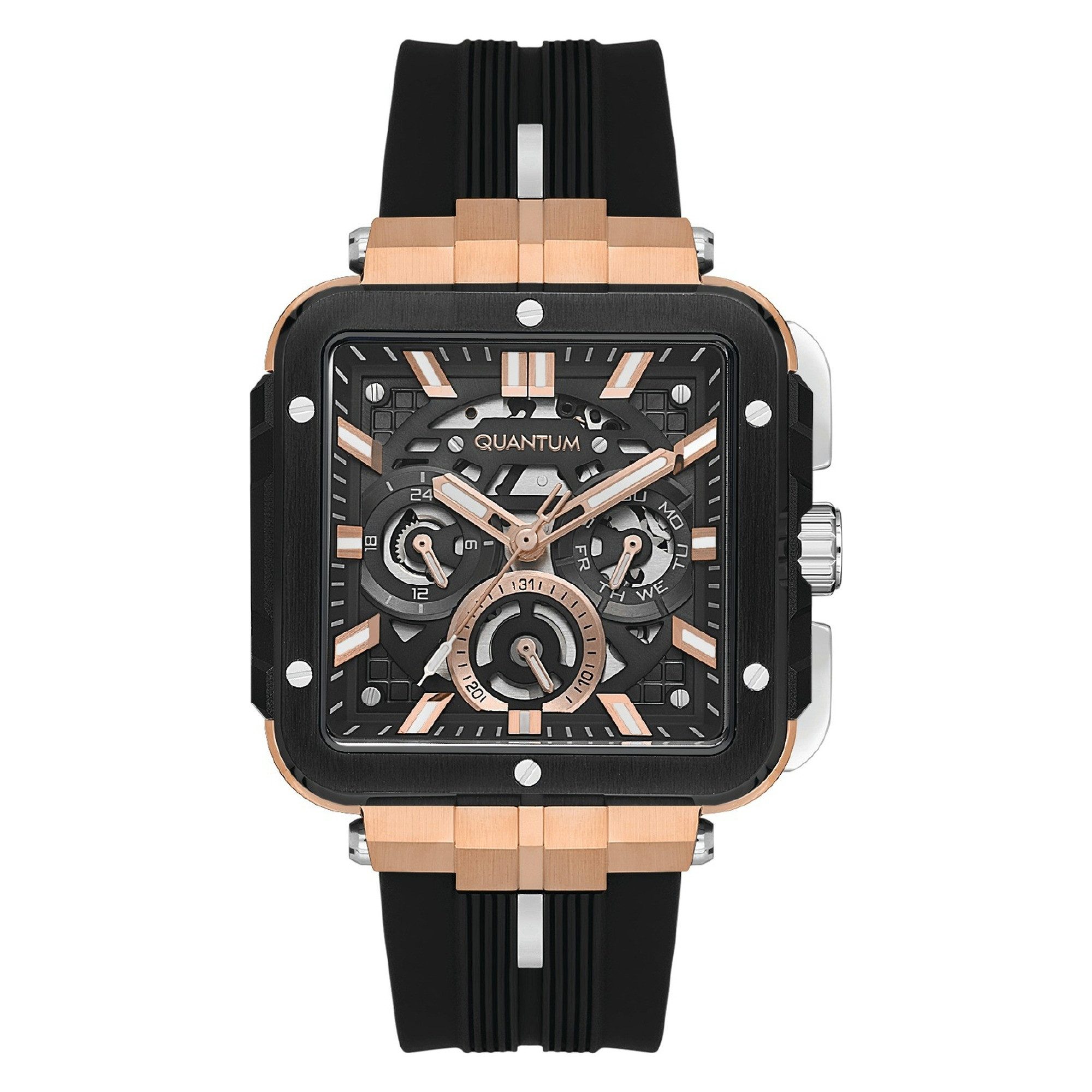QUANTUM Multifunktionsuhr Herrenuhr mit Silikonarmband, 45 mm, Herren Armbanduhr schwarzes Zifferblatt, roségold-schwarz – PWG1102.451, (1-tlg), Datum & Wochentag, Kristallglas, 5 ATM, inkl. Geschenkbox