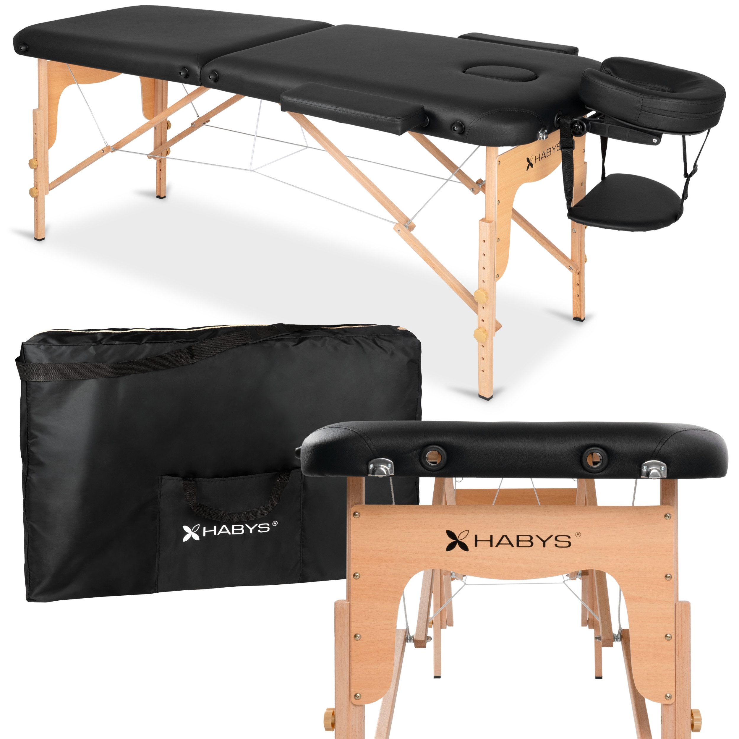 Habys Massageliege Lira klappbar aus Holz mit Kopfstütze, Armlehnen und Tragetasche
