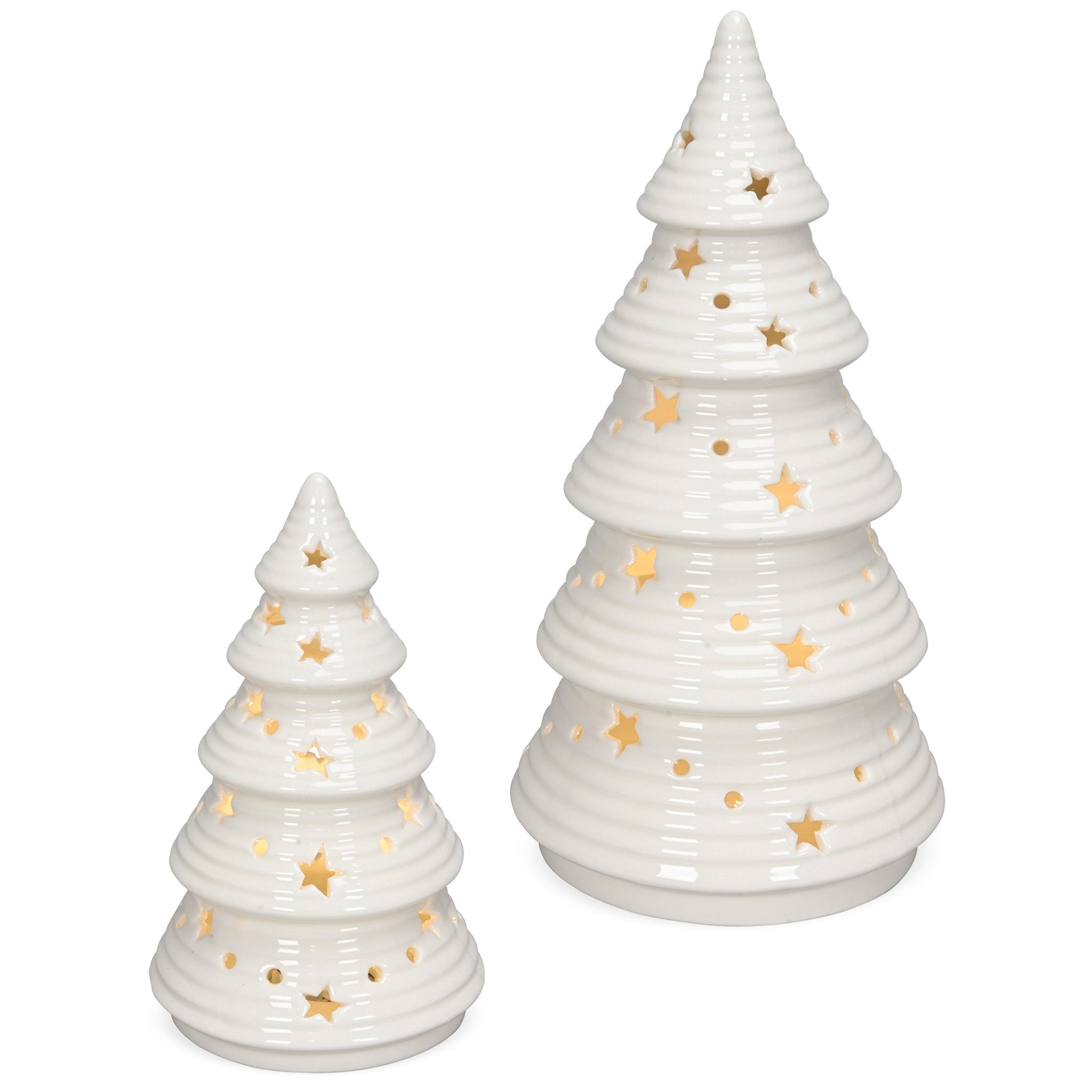 matches21 HOME & HOBBY Dekofigur LED Porzellan Weihnachtsbaum weiß, Winterdeko in 13,5 x 25,5 cm (1 St), Tannenbaum mit Sternen für Tischdeko