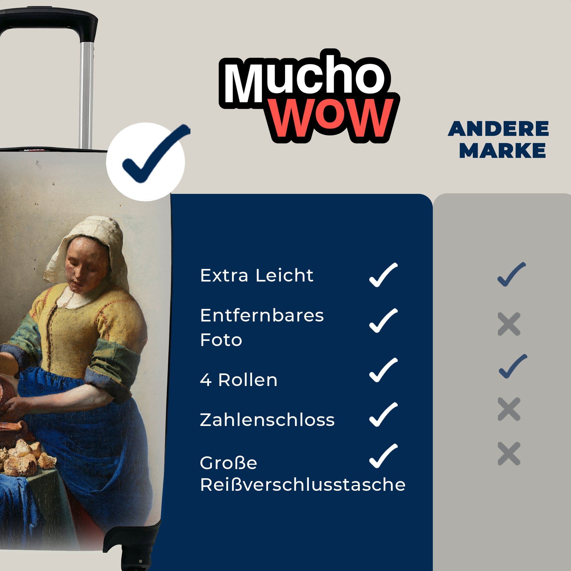 MuchoWow Handgepäckkoffer Das Milchmädchen Reisekoffer 4 Ferien, Johannes Vermeer, Reisetasche mit rollen, Handgepäck Rollen, Trolley, - für