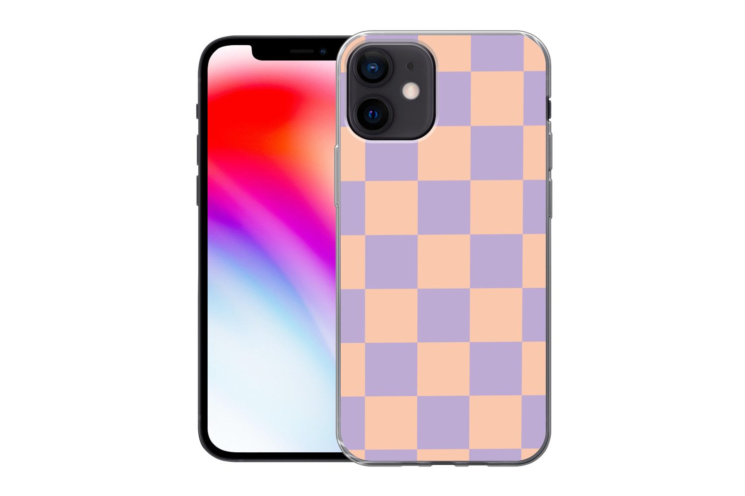 MuchoWow Handyhülle für Apple iPhone 12 Schachbrettmuster - Lila - Rosa - Würfel, Smartphone-Bumper, Print, Handy Schutzhülle Dünn
