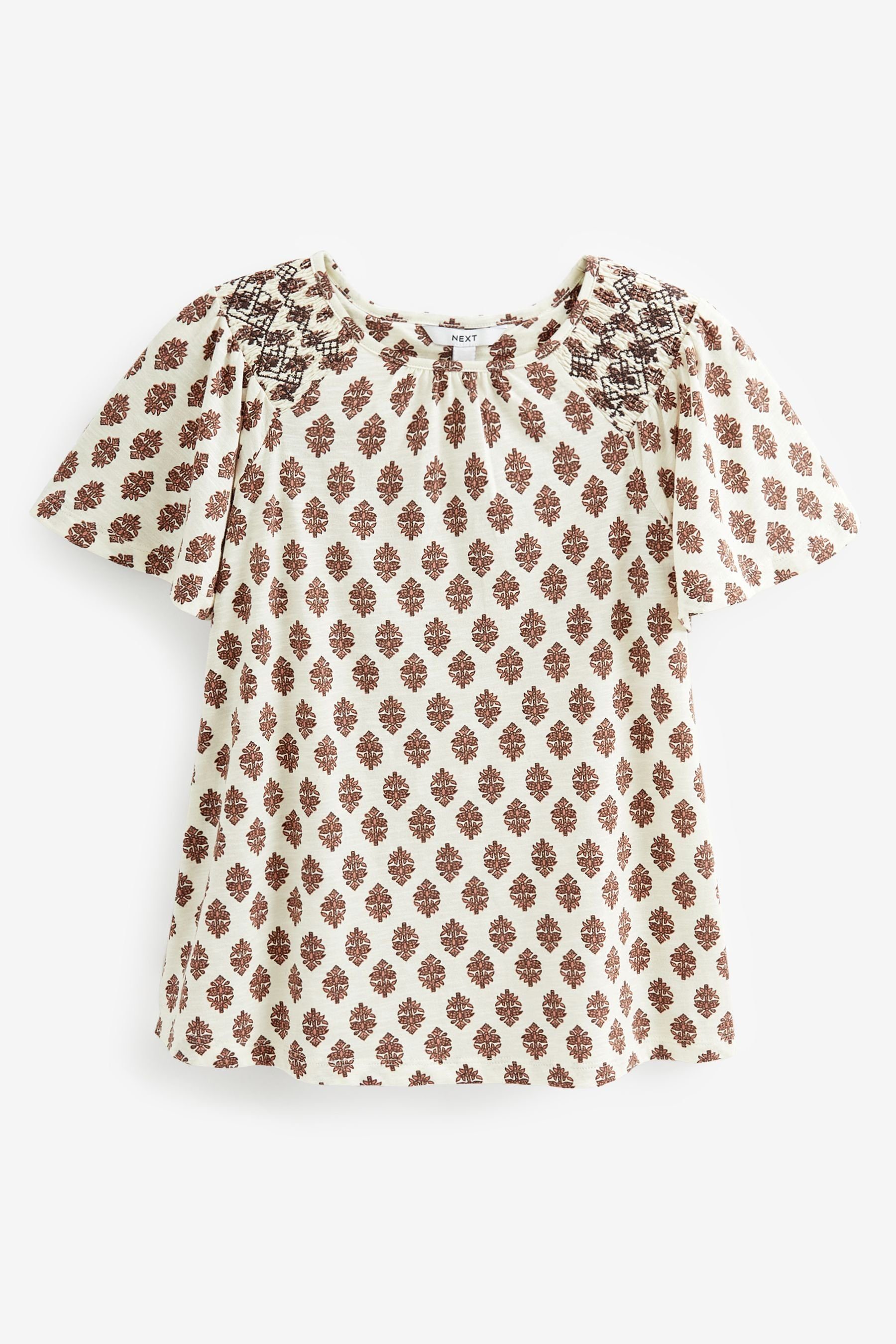 Next T-Shirt Gesmoktes Kurzarm-Top mit rundem Ausschnitt (1-tlg) Ecru Cream Print
