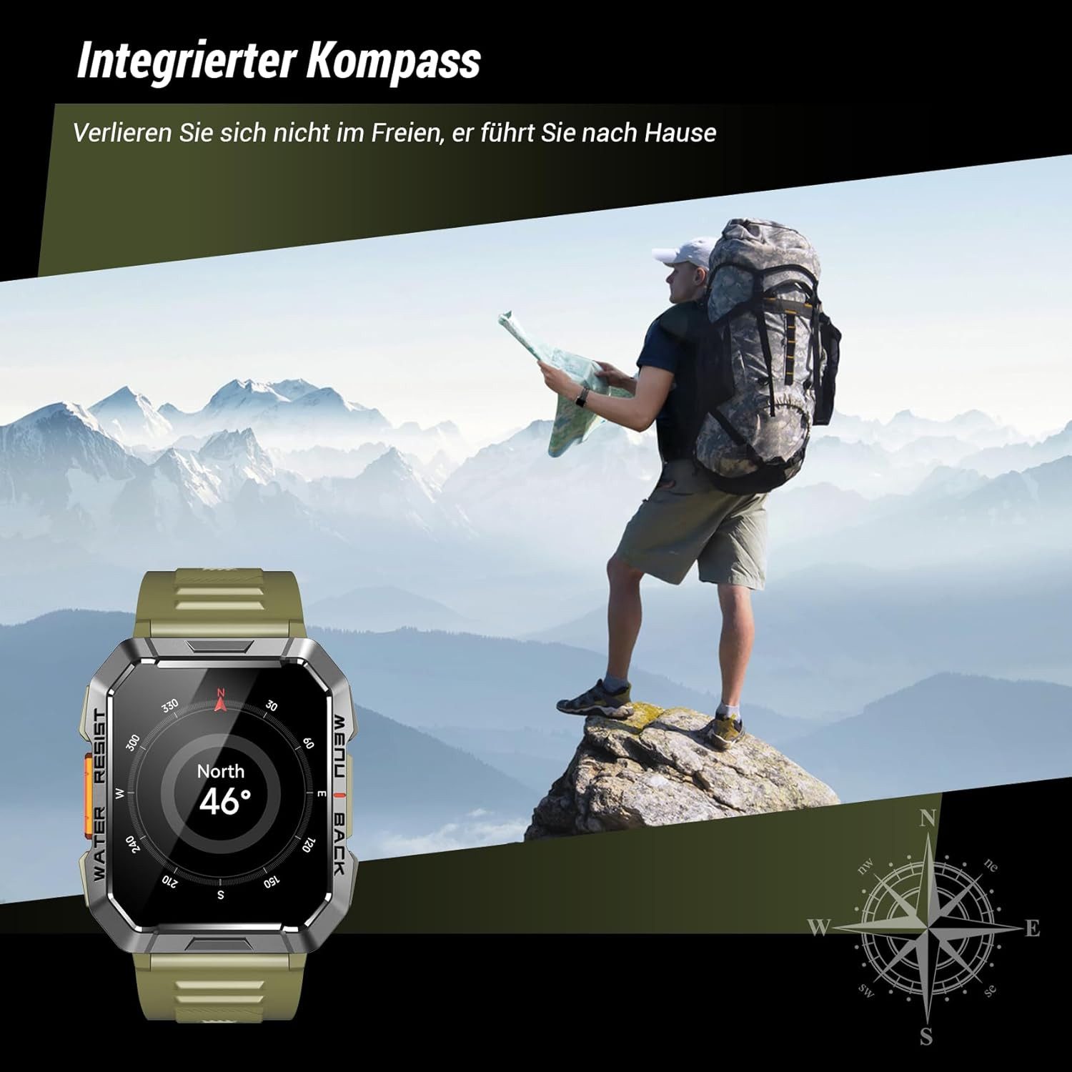 IOWODO Herren"s Militärische Uhr: mit Telefonfunktion und 100 Tage Akku Smartwatch (5 cm/2.01 Zoll, Android/iOS), Robustes Outdoor Gerät für Anrufe GPS SpO2 Schlafanalyse IP68