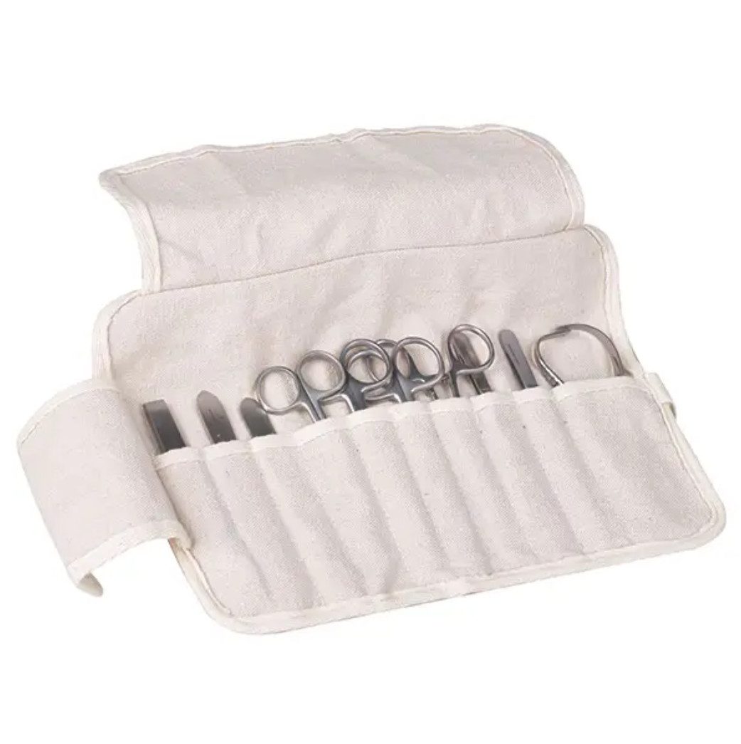 DocMed Messer-Set Instrumentenset (Chirurgisches Basis-Set im Leinenetui, 10-tlg., Hochwertiger Edelstahl für lange Lebensdauer), Komplettset mit 10 hochwertigen chirurgischen Instrumenten