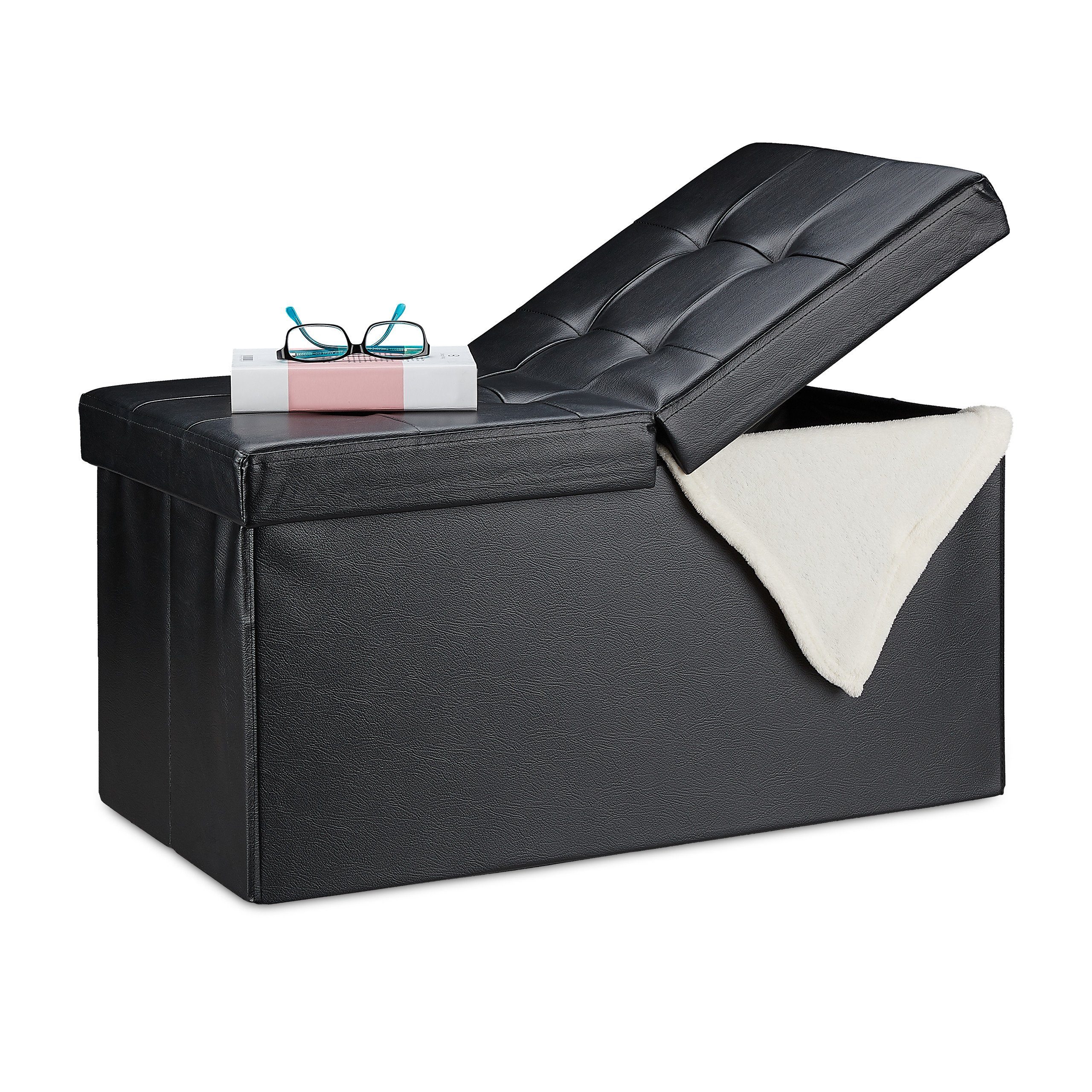 relaxdays Sitzbank Kunstleder Sitzbank klappbarer Deckel (1-St), schwarz