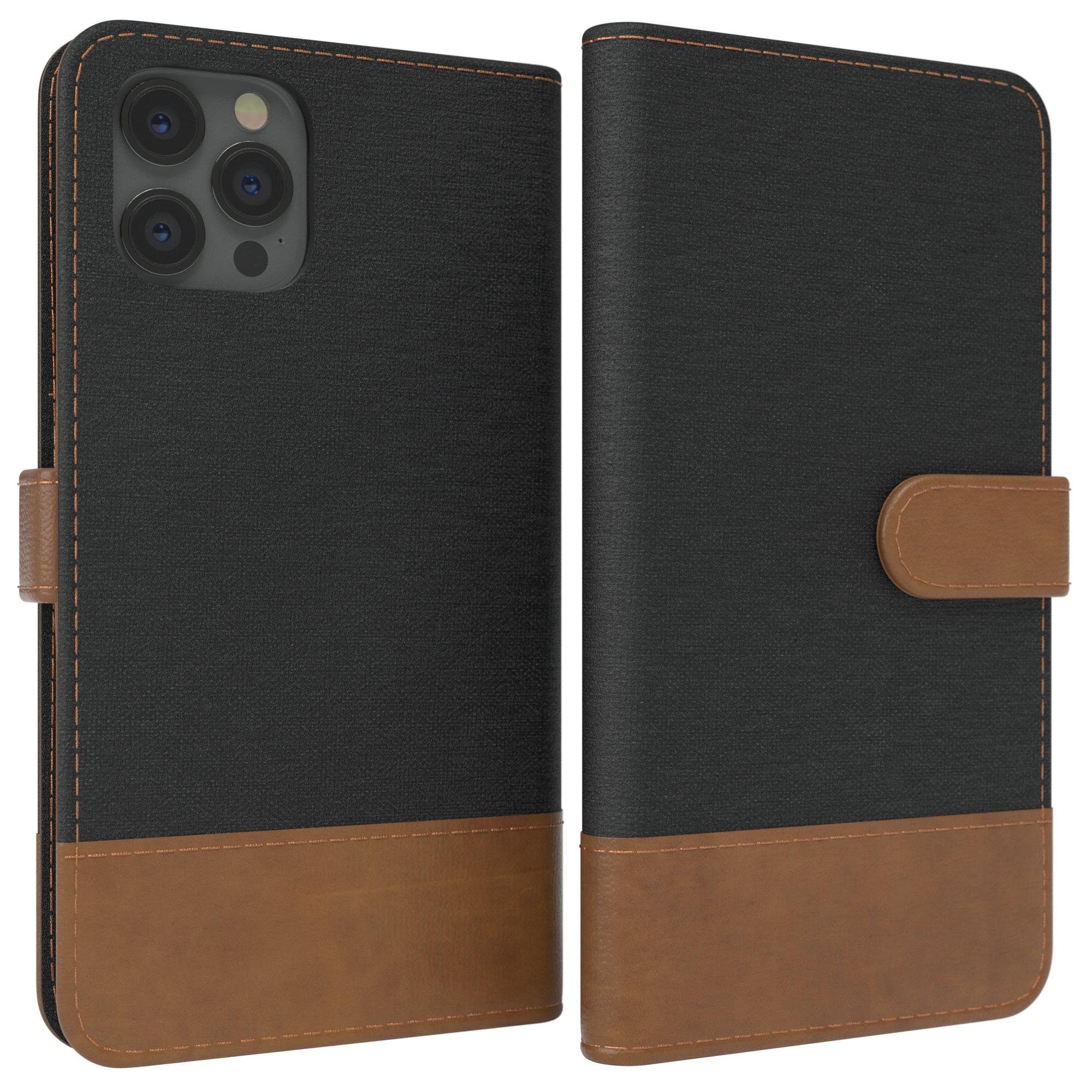 EAZY CASE Handyhülle Bookstyle Jeans für Apple iPhone 12 Pro Max 6,7 Zoll, Handytasche Jeans mit Standfunktion und Visitenkartenfach Schwarz