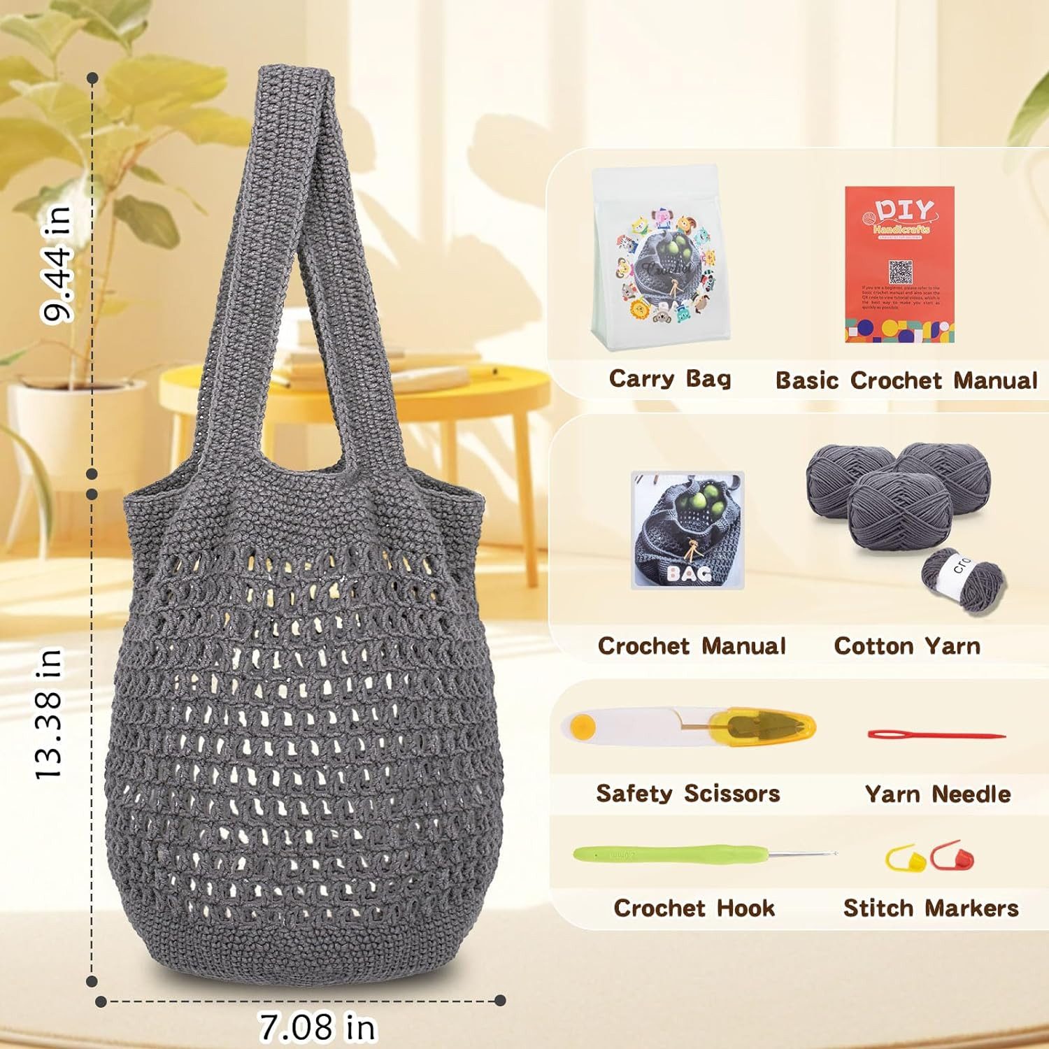 feinlux Handtasche Häkelset für Anfänger (Packung, Häkeltaschenset für Erwachsene für Damen (1Stück, Grau), mit Schritt, für-Schritt-Anleitung und Video-Tutorials DIY