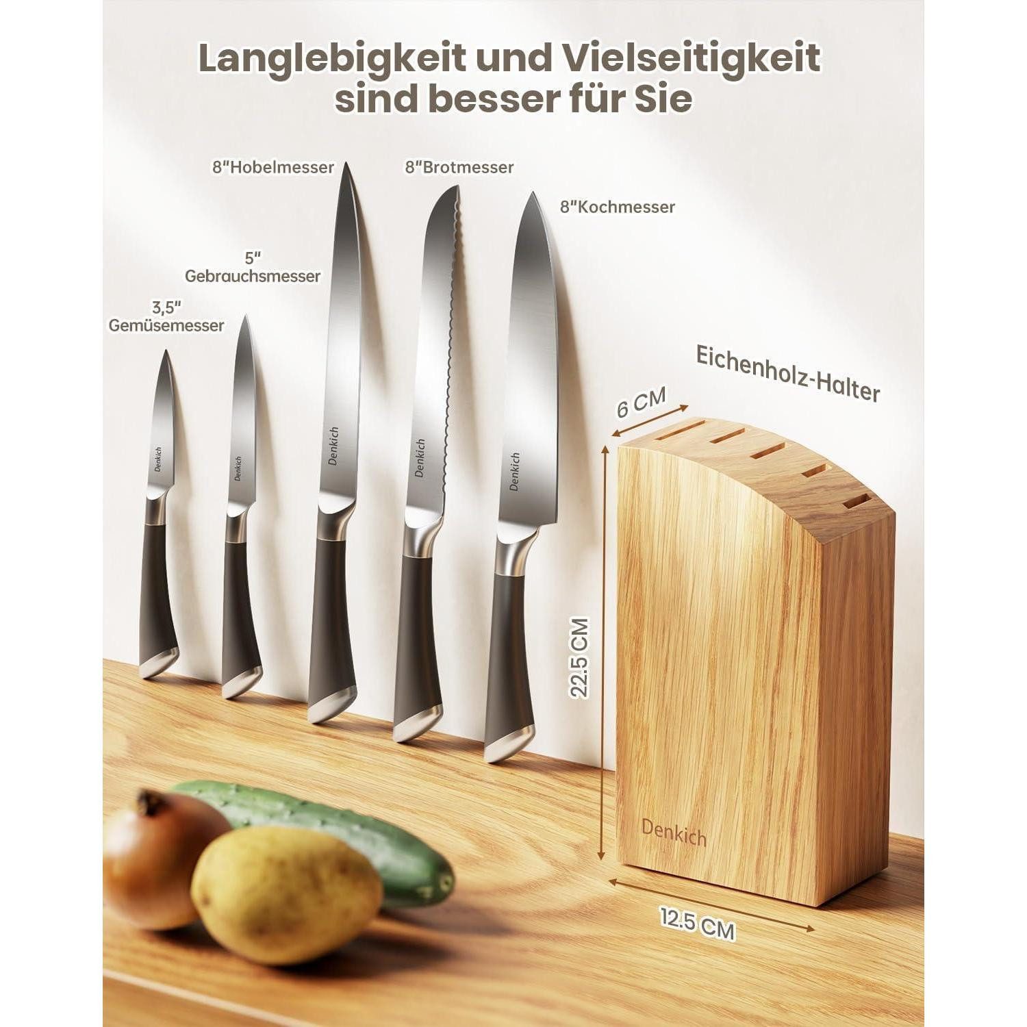 Denkich Messerblock Messerblock Set 6-TLG, scharfe Küchenmesser mit Block aus Eiche