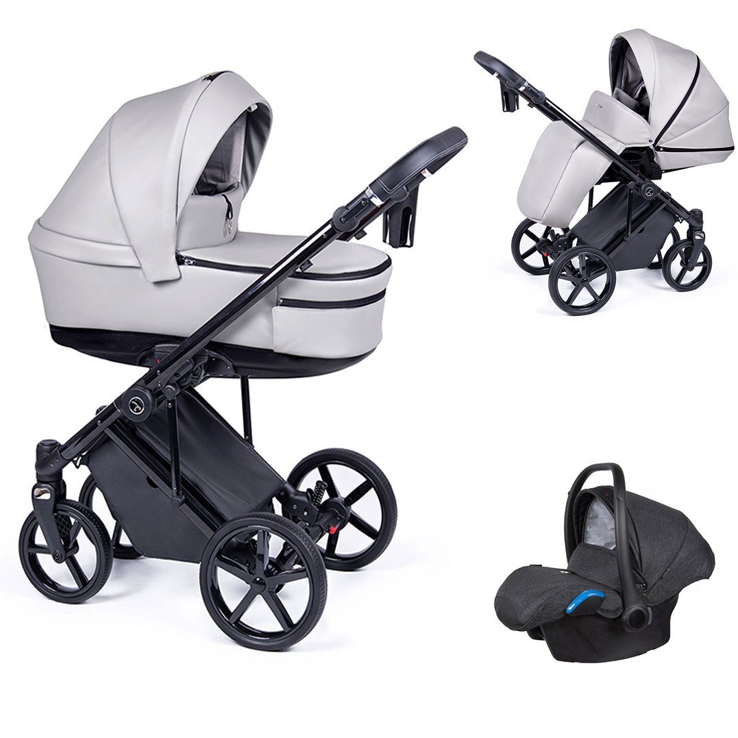 babies-on-wheels Kombi-Kinderwagen 3 in 1 Kinderwagen-Set Fado Eco - 15 Teile - in 21 Designs Hellgrau = Gestell schwarz