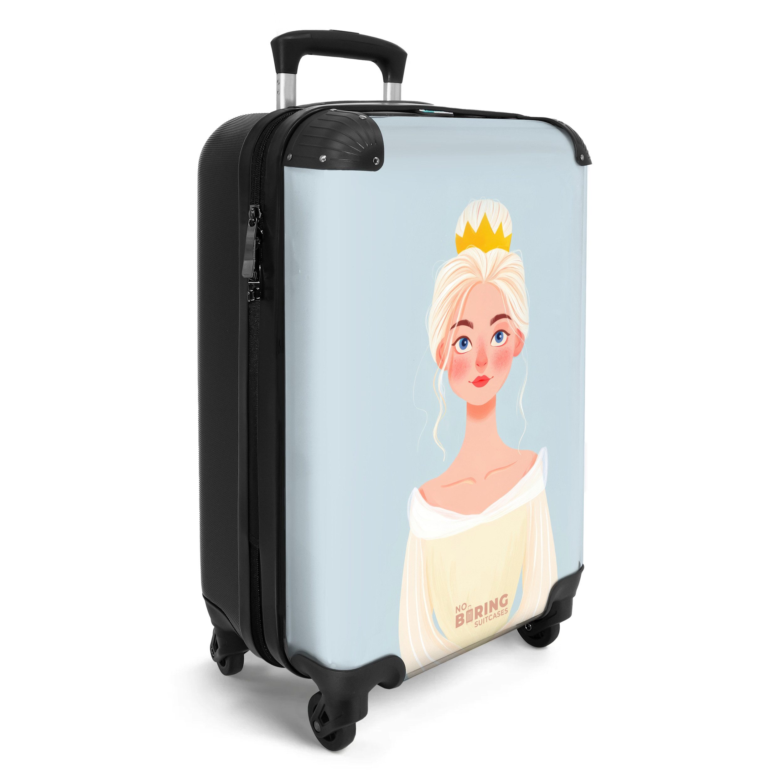 NoBoringSuitcases.com© Kinderkoffer Prinzessin mit goldener Krone - Blau 55x35x20cm, 4 Rollen, Handgepäck-Koffer, Kinderkoffer, Reisekoffer Mädchen