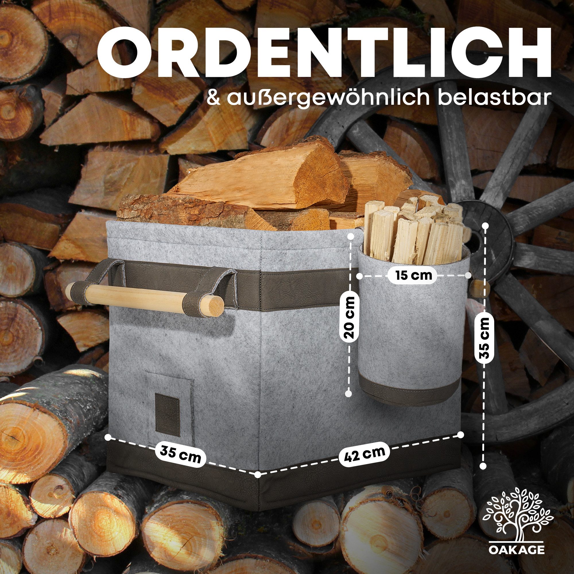 OAKAGE Kaminholzkorb Holzkorb für Kaminholz Groß mit Lederboden Feuerholzkorb Kaminkorb (Set, 1 x Holzkorb + 1 x Zündholzkorb), Schmutzabweisendes Innenfutter und Lederboden