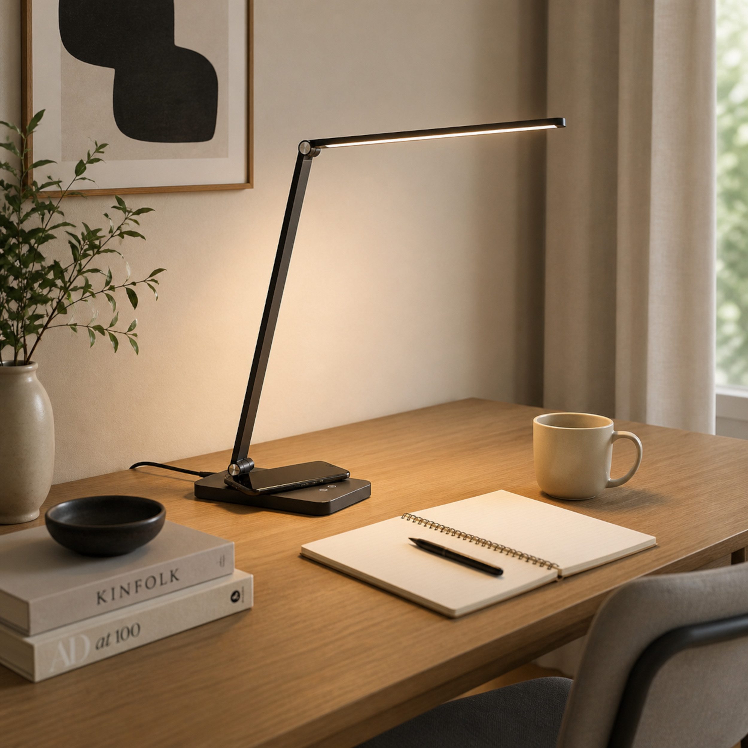 Lightbox Tischleuchte, LED fest integriert, warmweiß - kaltweiß, LED-Tischlampe, wireless charging, 3-Stufen-Dimmer, USB, CCT, schwarz