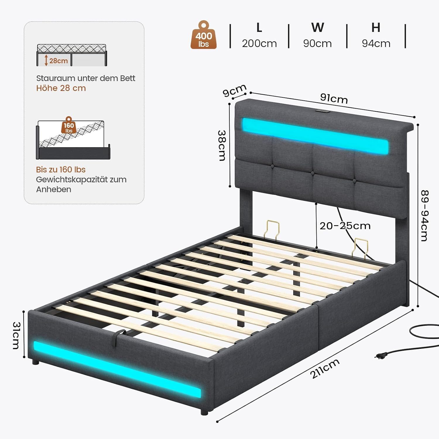 MSMASK Polsterbett Hydraulisches Stauraumbett mit höhenverstellbarem Kopfteil, Funktionsbett, Jugendbett mit LED-Beleuchtung und Ladeanschlüssen
