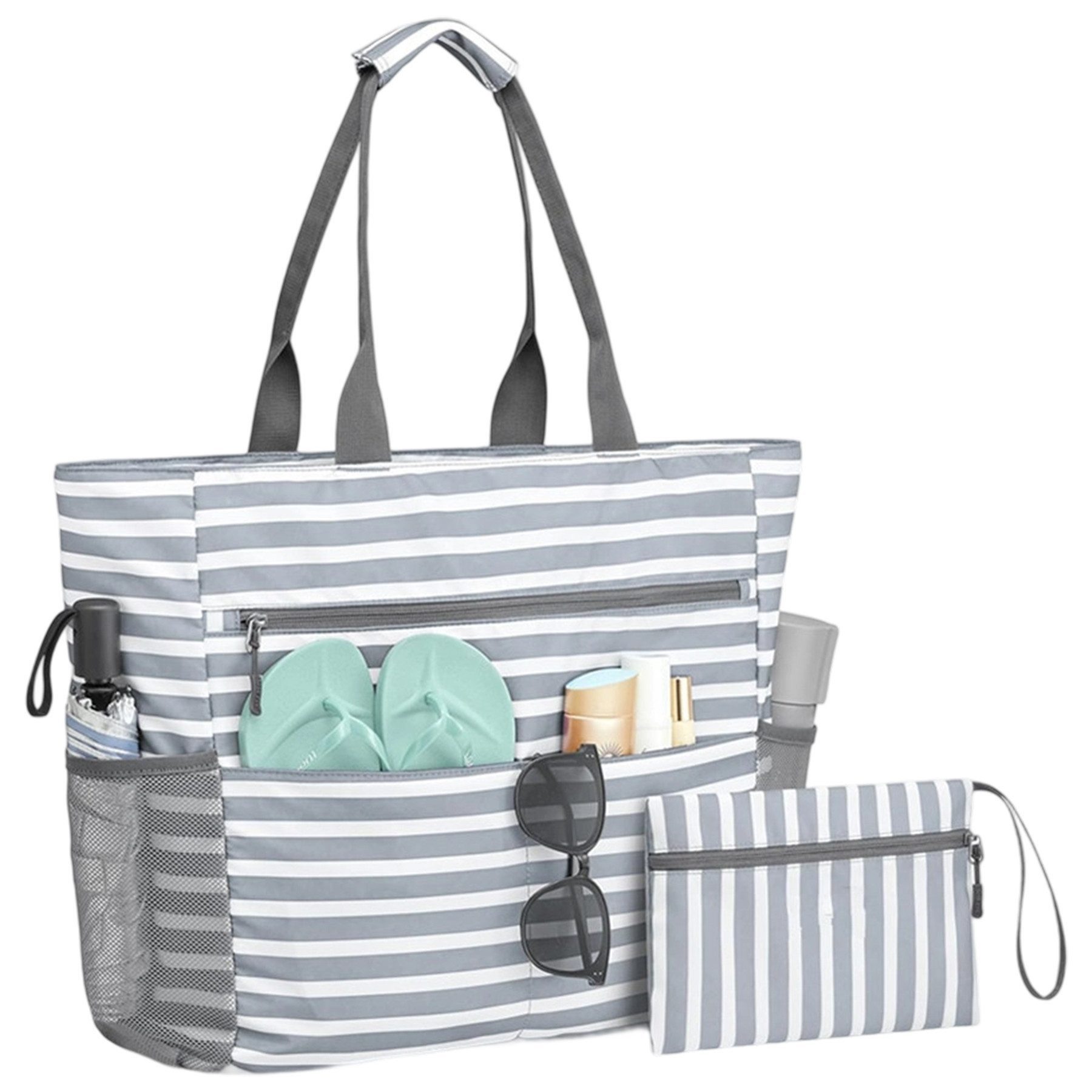 Mutig Strandtasche Große Strandtasche XXL mit Reißverschluss (wasserdichte & faltbare Badetasche, Shopper / Reisetasche / Beach Tote Bag mit mehreren Taschen), für Damen, Strand, Pool, Urlaub, Fitnessstudio & Familie