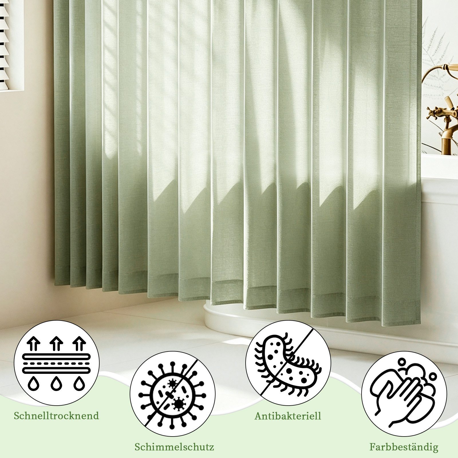 M&W DAS DESIGN Duschvorhang 180x200 Faltbar Anti Schimmel Waschbar Grün – Bild 5 von 5